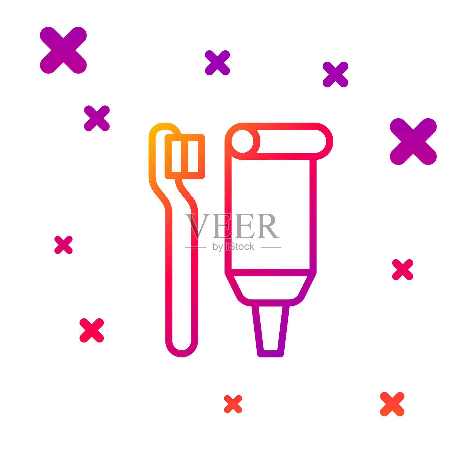 颜色线牙刷和牙膏管图标隔离在白色背景上。一次性盥洗用品。梯度随机动态形状。向量插画图片素材