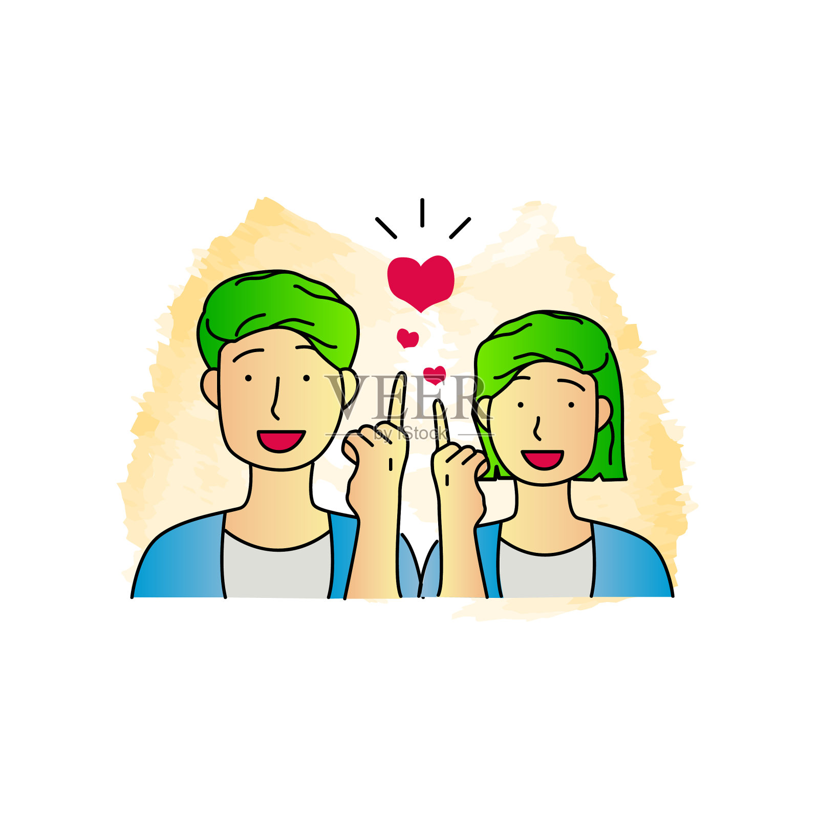 手绘一对绿色头发设计插画图片素材