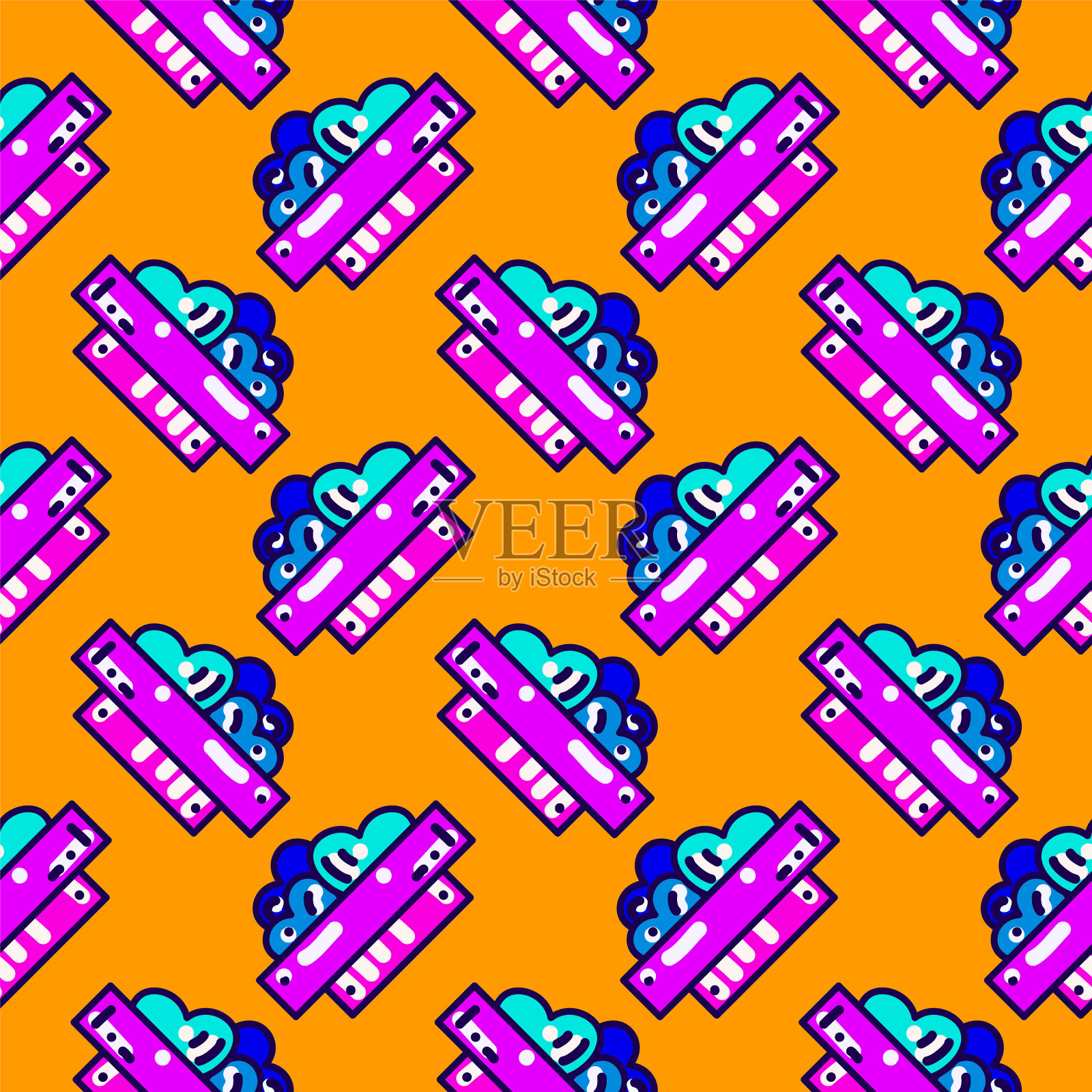 蓝色的心在盒子里无缝的图案在橙色上插画图片素材