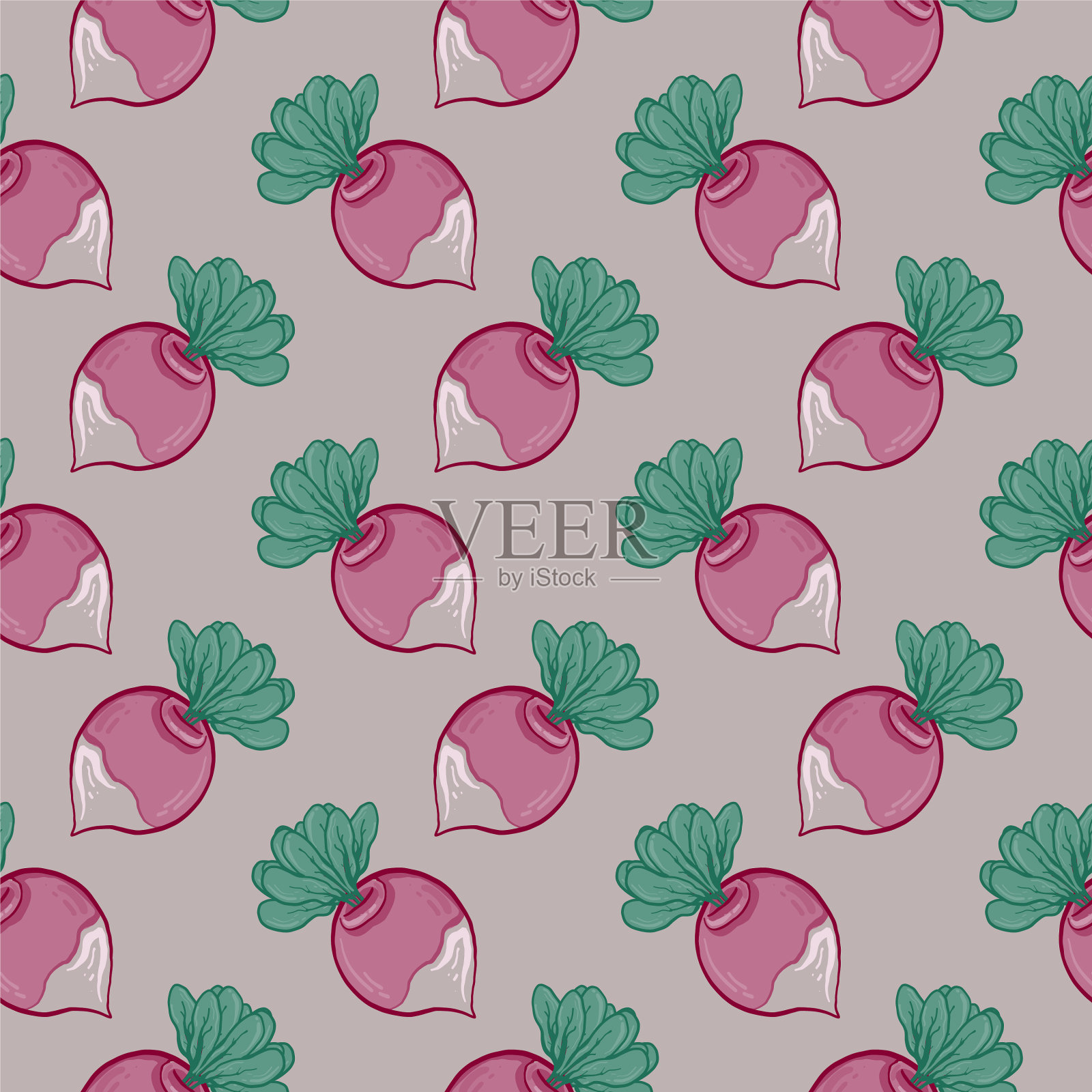 可爱的紫色萝卜无缝图案上的米色插画图片素材