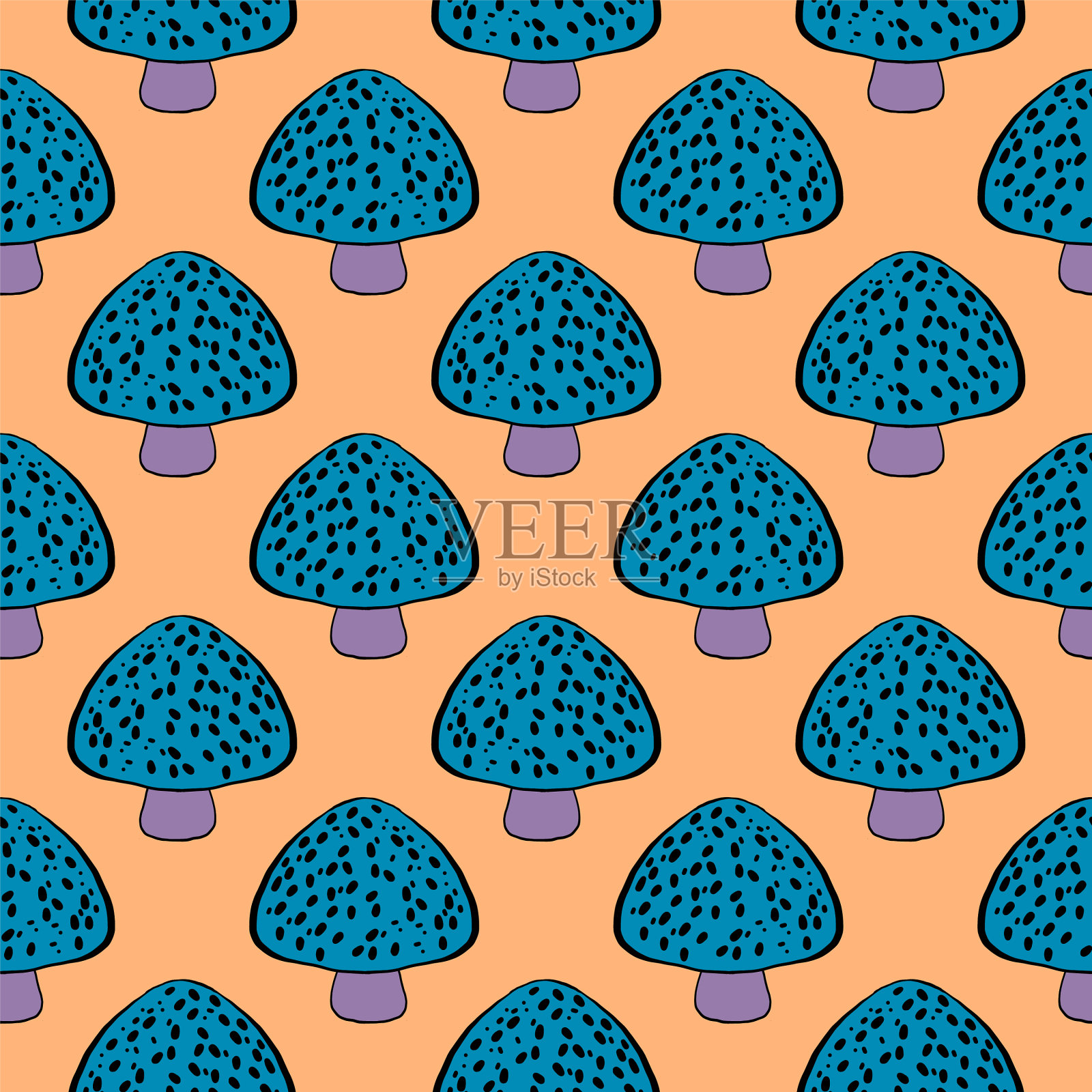 蓝色蘑菇无缝图案上有黄色插画图片素材