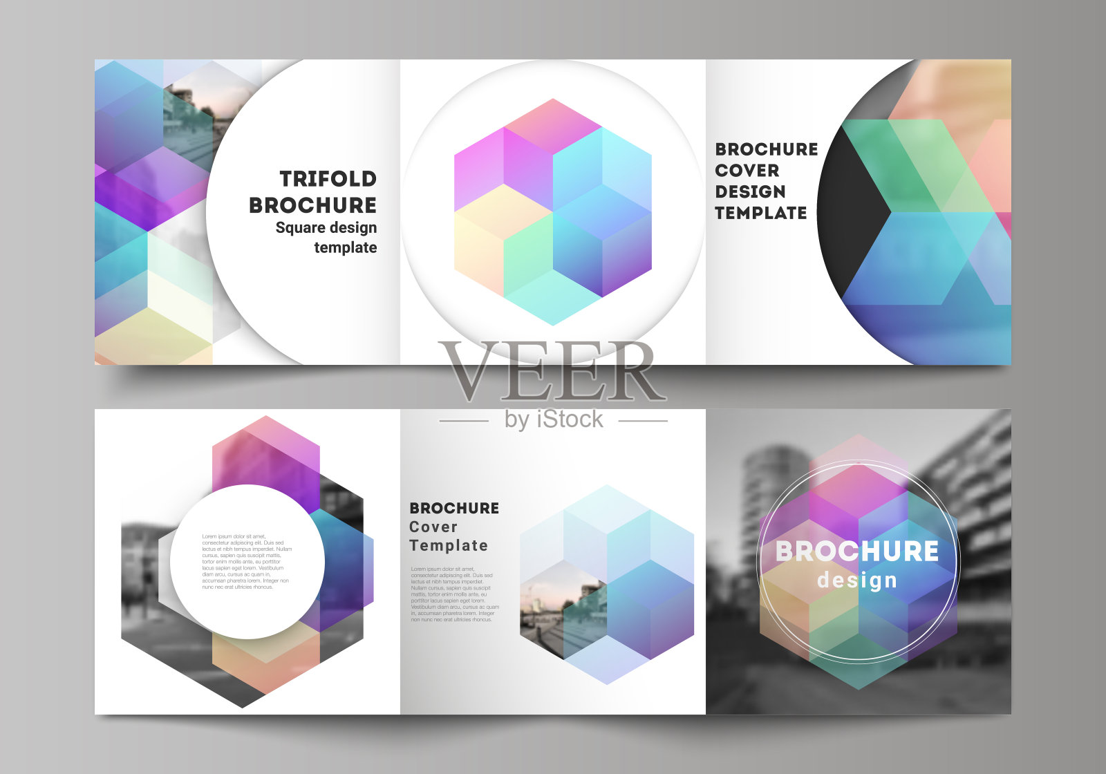 矢量布局的方形格式封面设计模板与彩色六边形，几何形状，技术背景三倍宣传册，传单，杂志，封面设计，书设计，小册子封面。设计模板素材