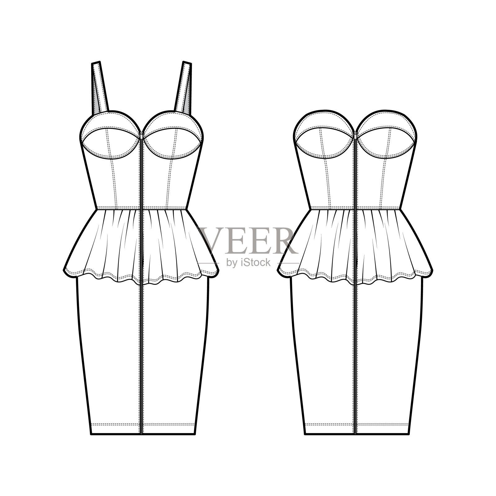 一套连衣裙拉链紧身胸衣腰边牛仔技术时尚插图与无袖，无肩带，合身的身体，膝盖设计元素图片
