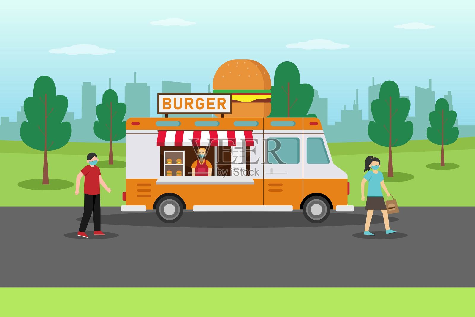 在他的货车上卖汉堡的街头小贩插画图片素材