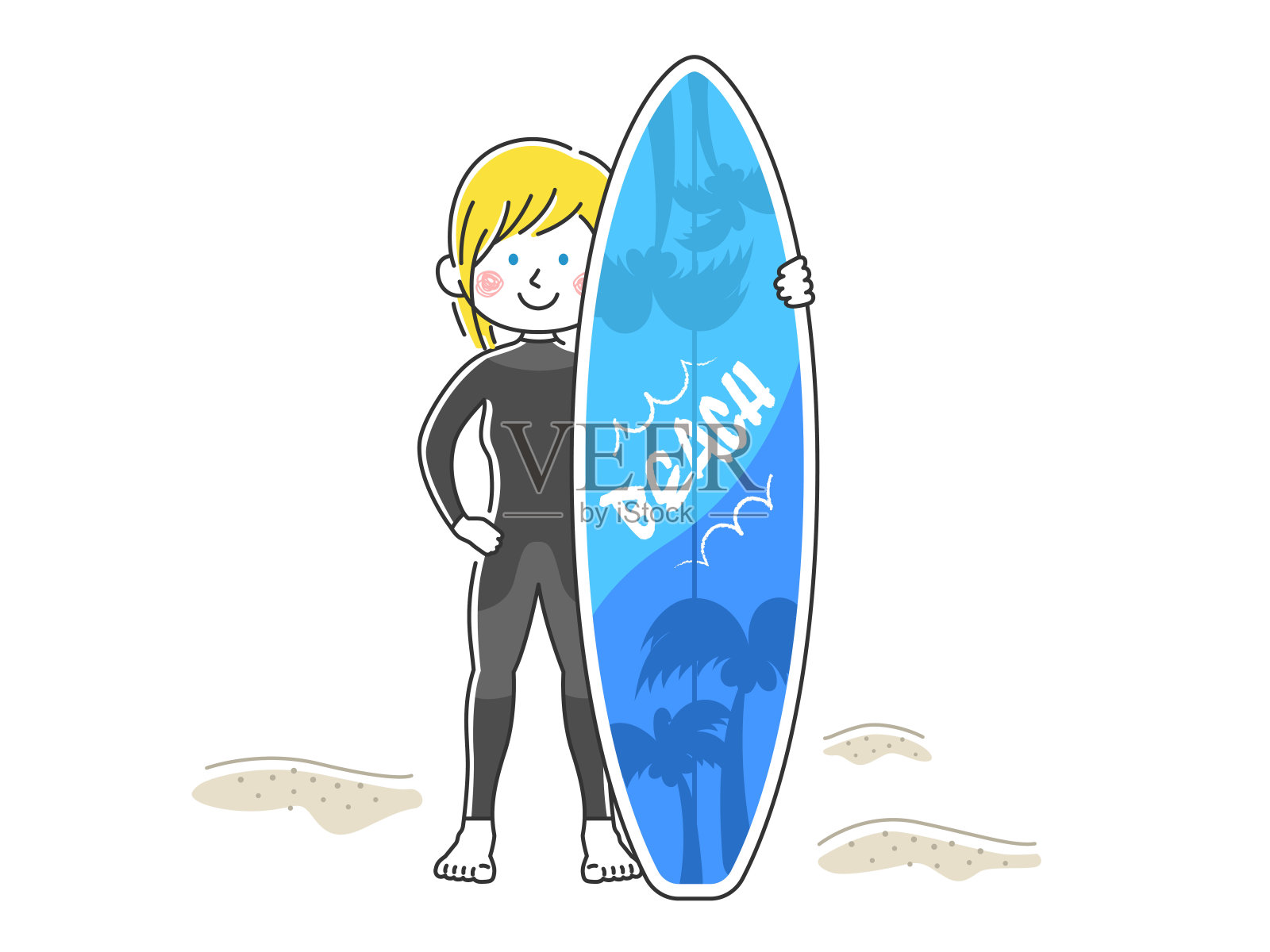 一个穿着潜水服拿着冲浪板的女人的插图。插画图片素材