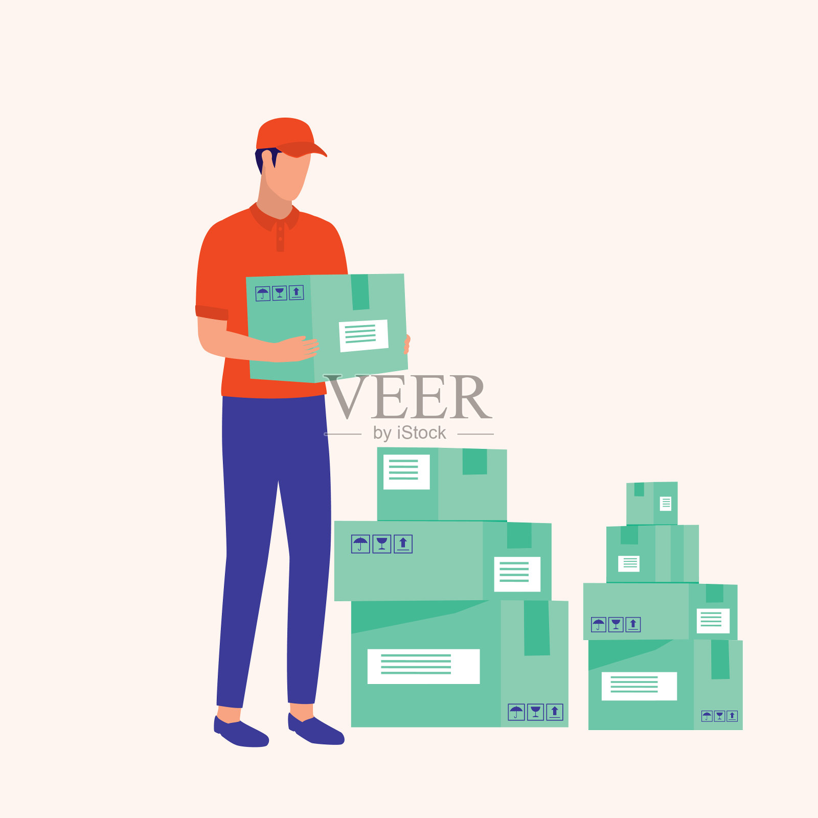 快递员搬运包裹箱。快递服务的概念。矢量平面卡通插图。插画图片素材