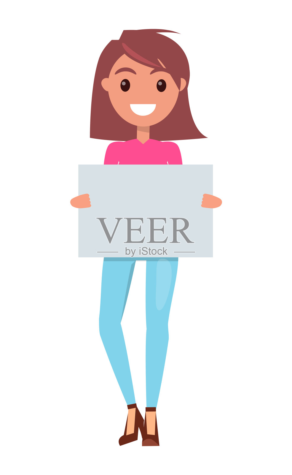 孤立的小女孩捧着空空、横幅、海报、文字的地方，时髦的女人微笑着插画图片素材