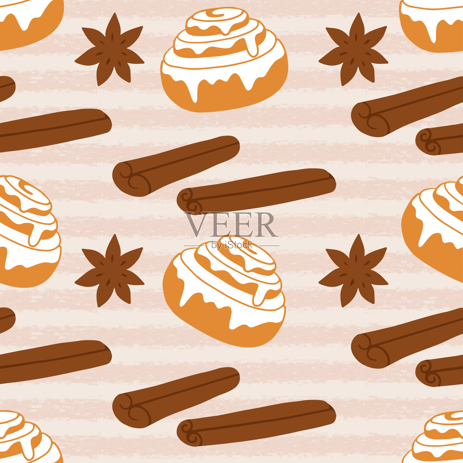 肉桂卷无缝模式。手绘矢量插图在复古风格插画图片素材
