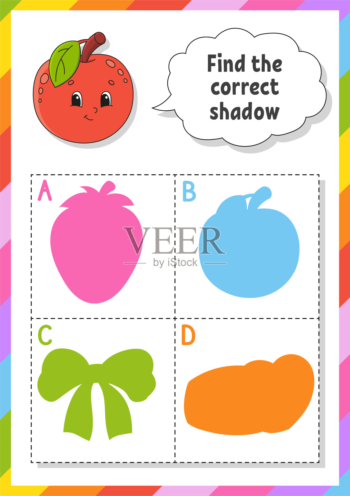 找到正确的阴影。教育发展工作表。儿童配对游戏。颜色活动页面。对儿童拼图。可爱的性格。矢量插图。卡通风格。设计元素图片