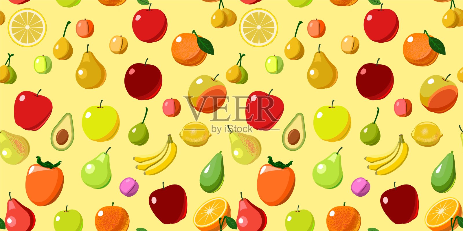最受欢迎的水果是果树。黄色的背景图像。卡通平的风格。苹果，梨，李子，香蕉，橘子，柠檬，柿子，鳄梨。向量插画图片素材