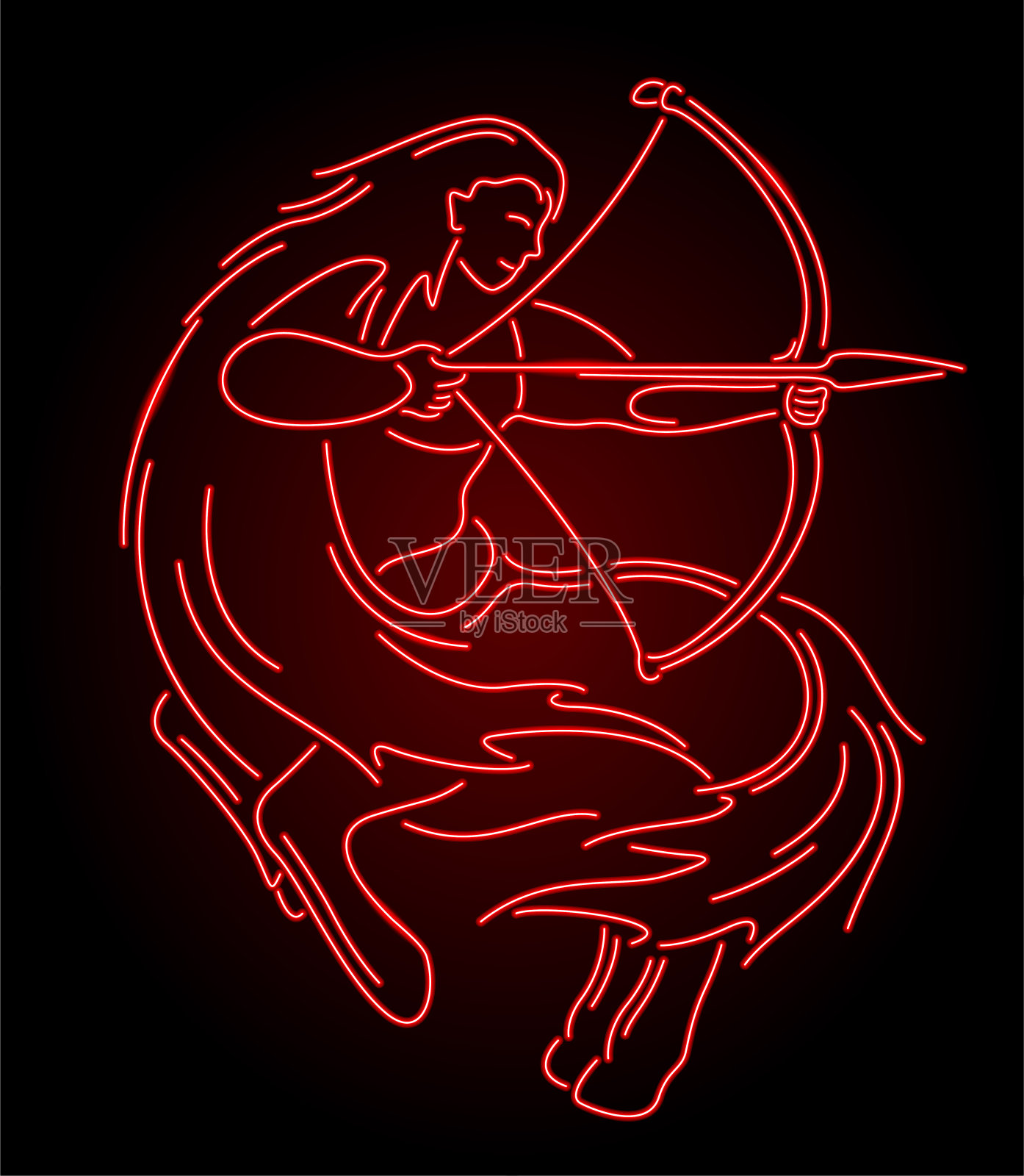 线条艺术用鲜艳的霓虹红色闪亮的射手座插画图片素材