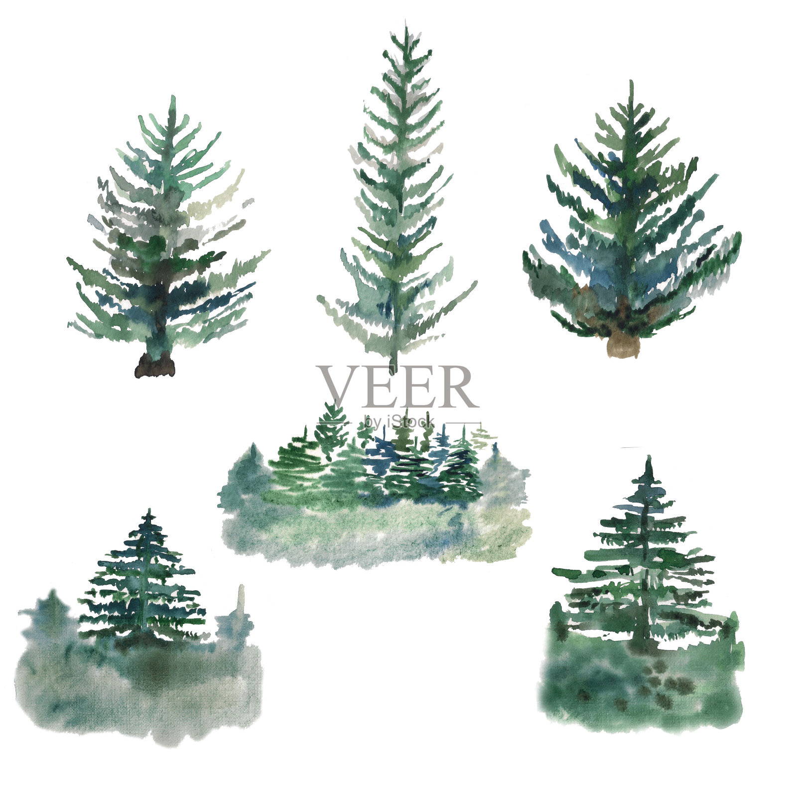 水彩插图。一组贪婪风格的松树景观。元素创建一个景观组成。插画图片素材