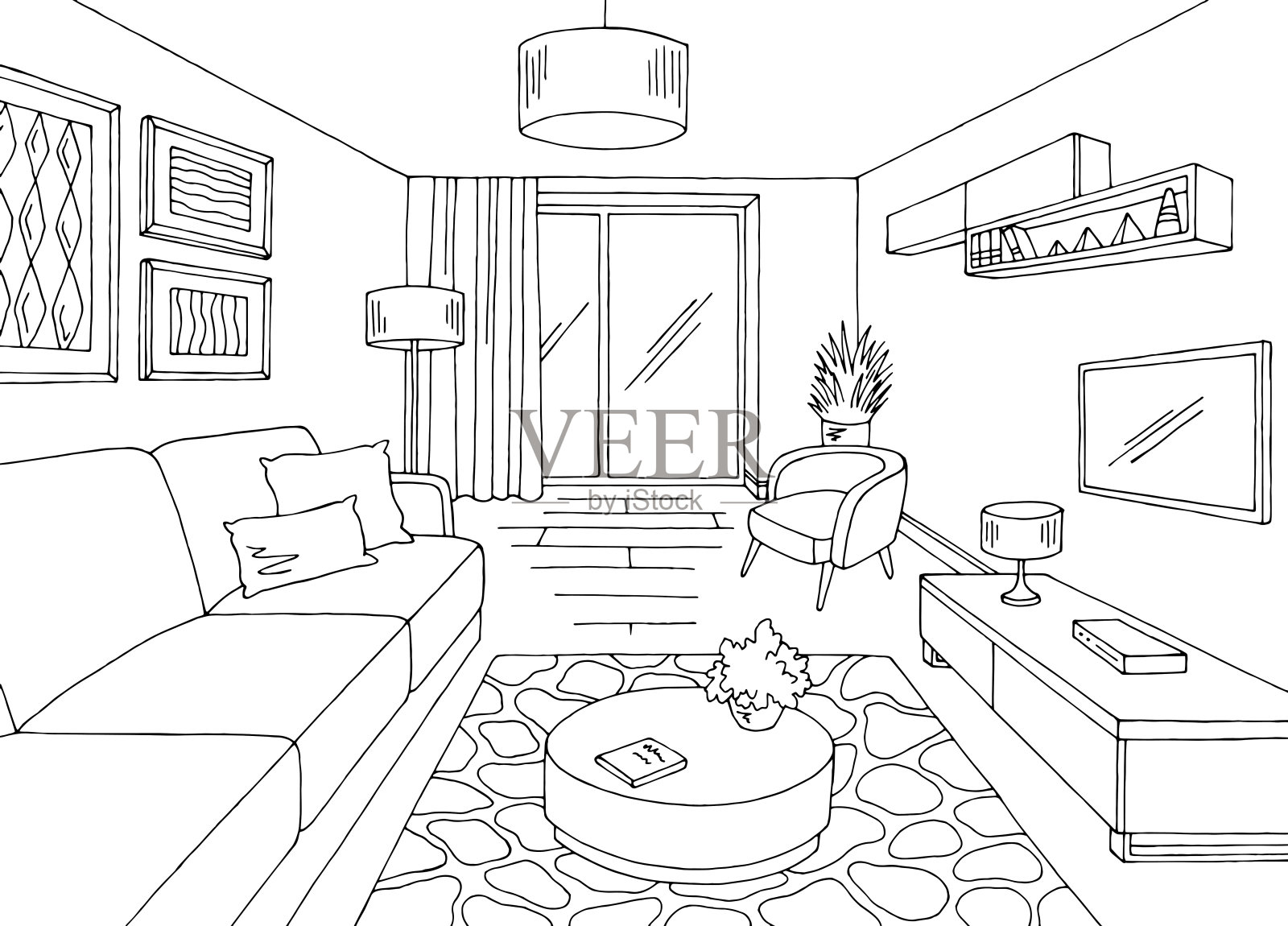 客厅图形黑白家居室内素描插图矢量插画图片素材