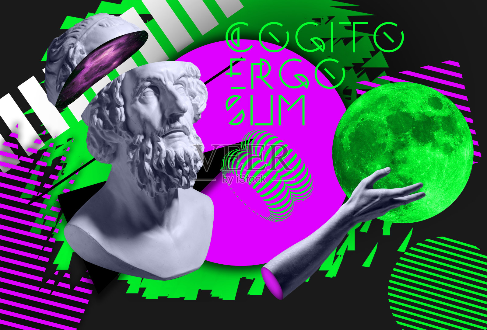 超现实主义风格的当代艺术拼贴与古董雕像头像。照片摄影图片