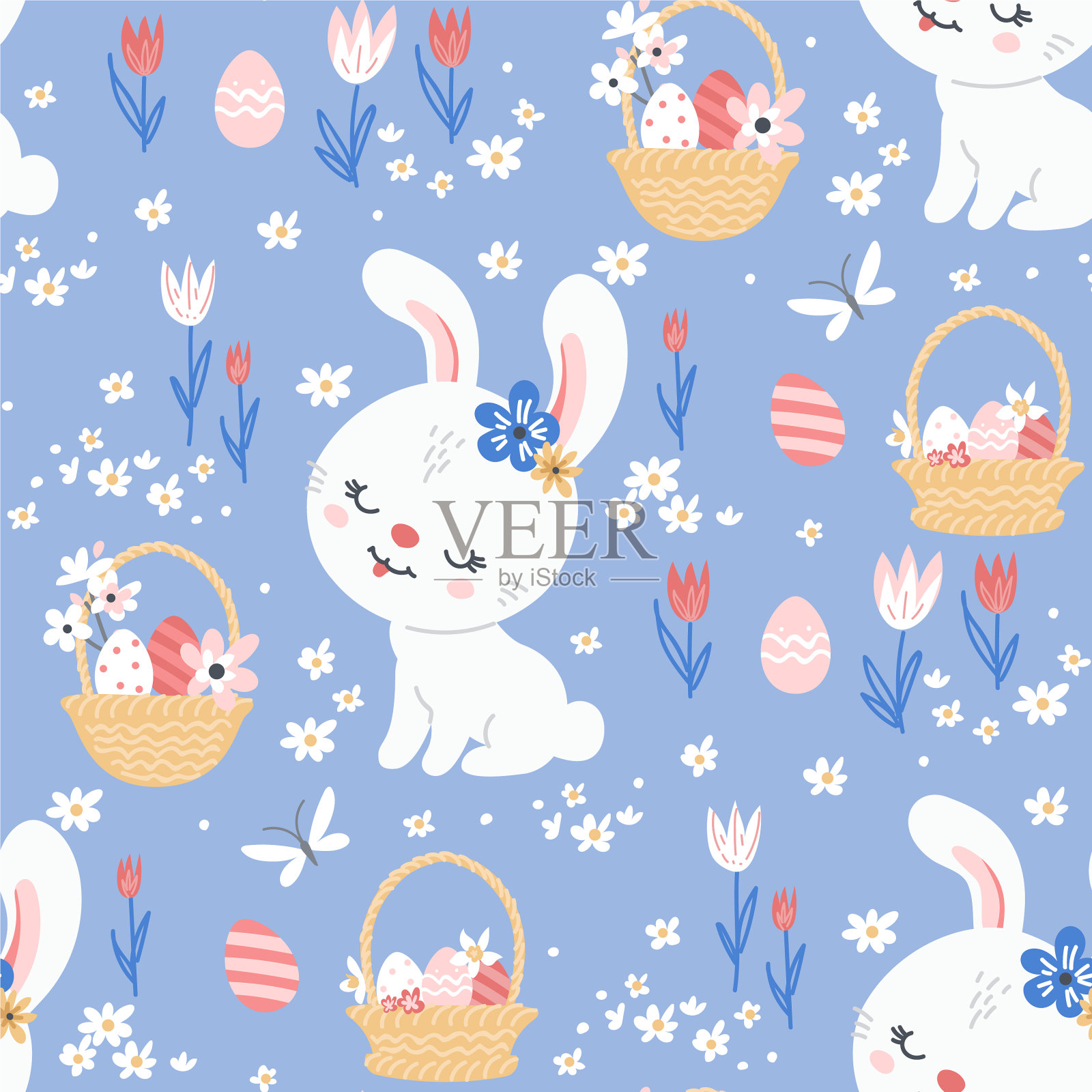 春天复活节背景与兔子插画图片素材