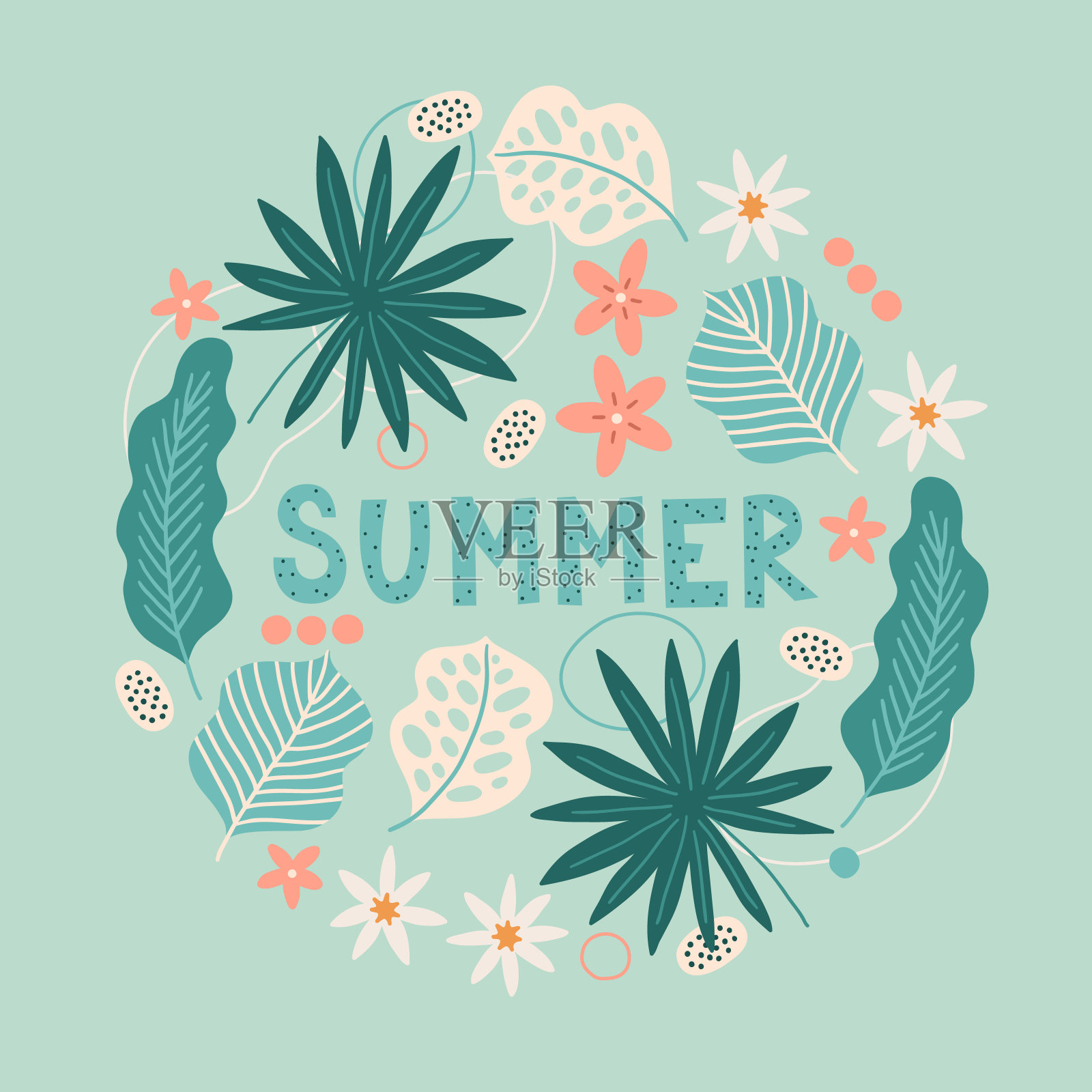 夏日贺卡有棕榈叶，鸡蛋花，热带花，圆圈插画图片素材