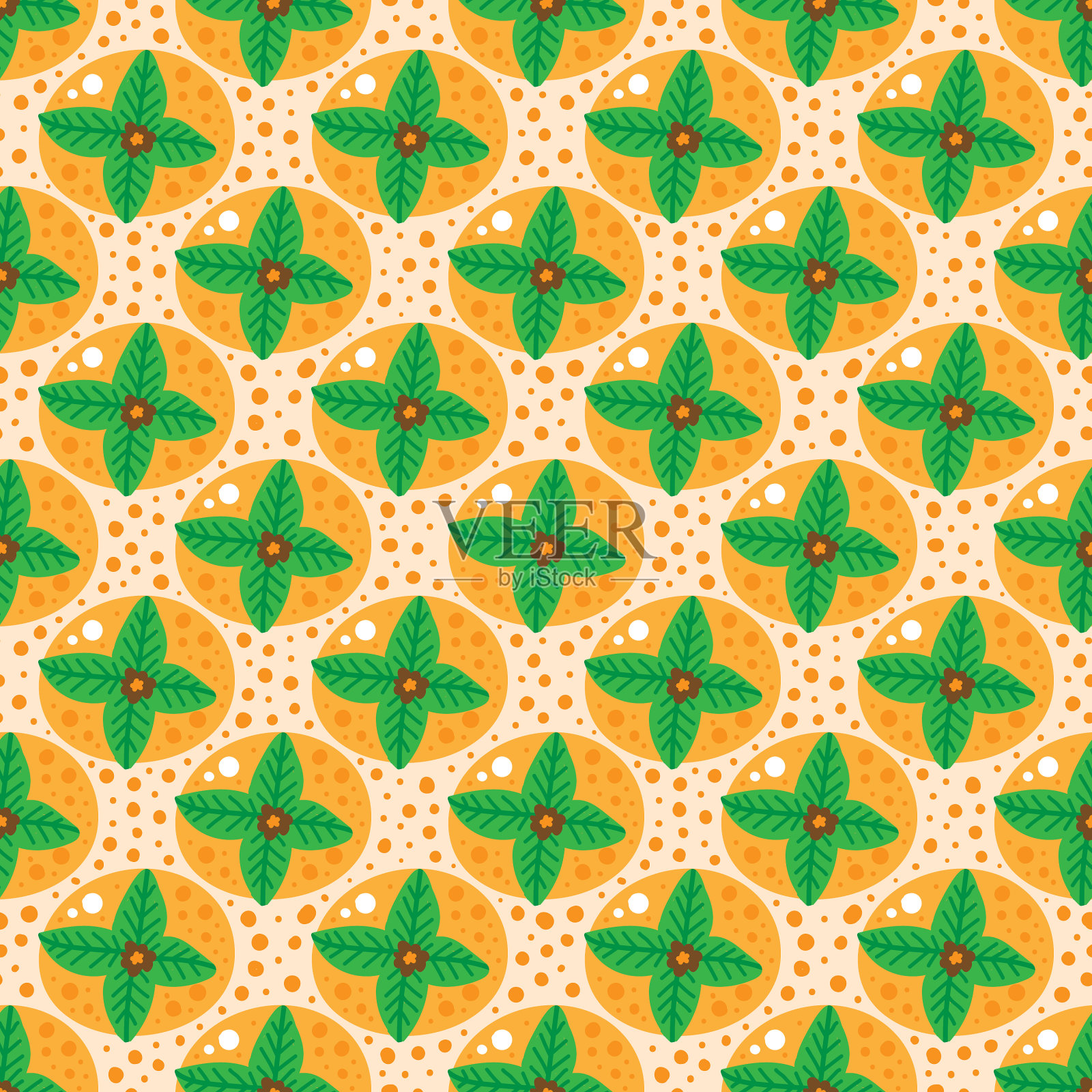 无缝图案与橙色水果与绿色插画图片素材