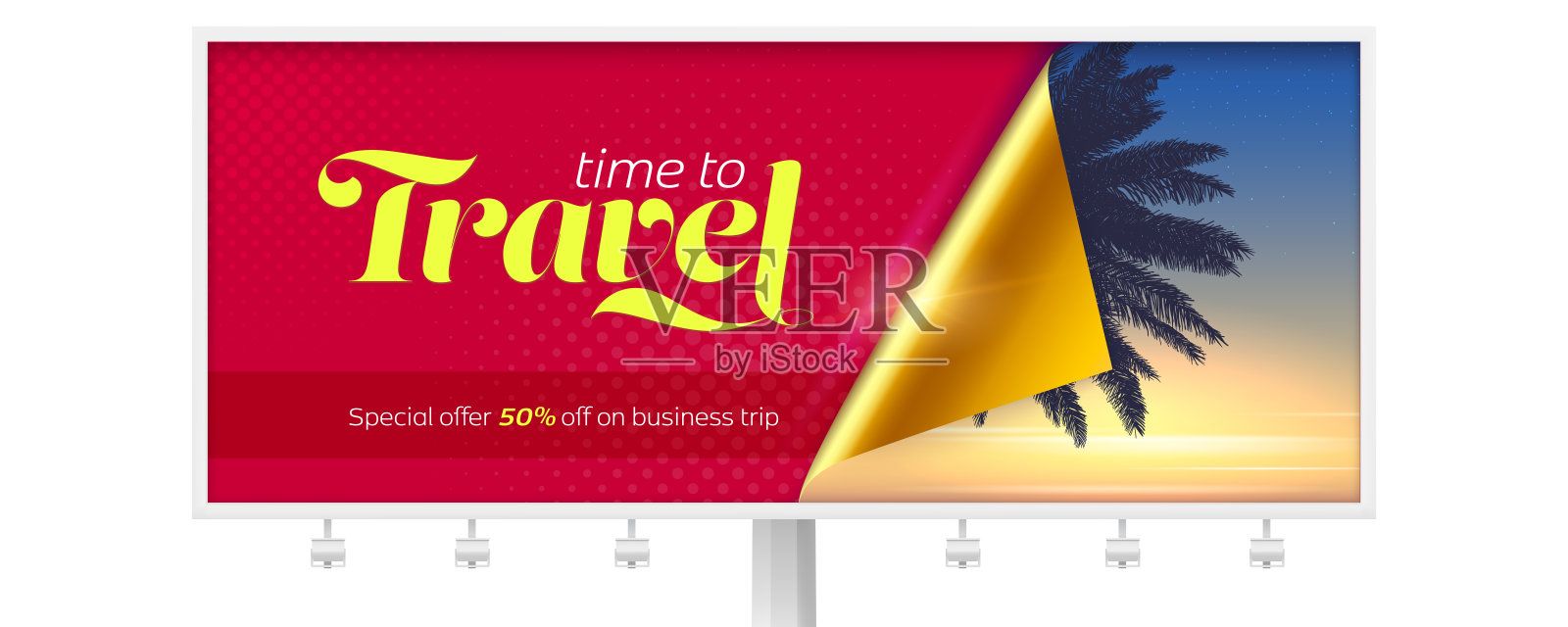 日落背景上棕榈剪影的广告牌。金色的纸角打开了一个报价。时间旅行。向量的三维演示插画图片素材