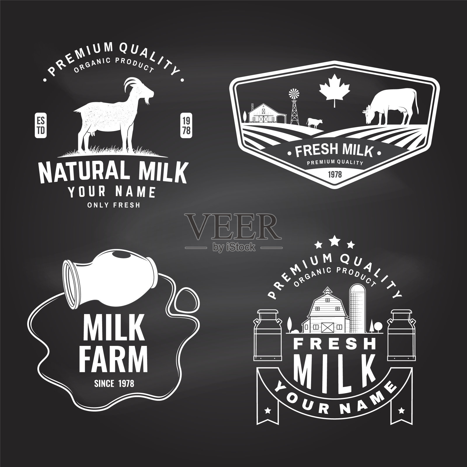 奶牛场。只有鲜奶牌，黑板上的标志。向量。排版设计与牛，山羊剪影。模板乳品和牛奶农场企业-商店，市场，包装和菜单插画图片素材