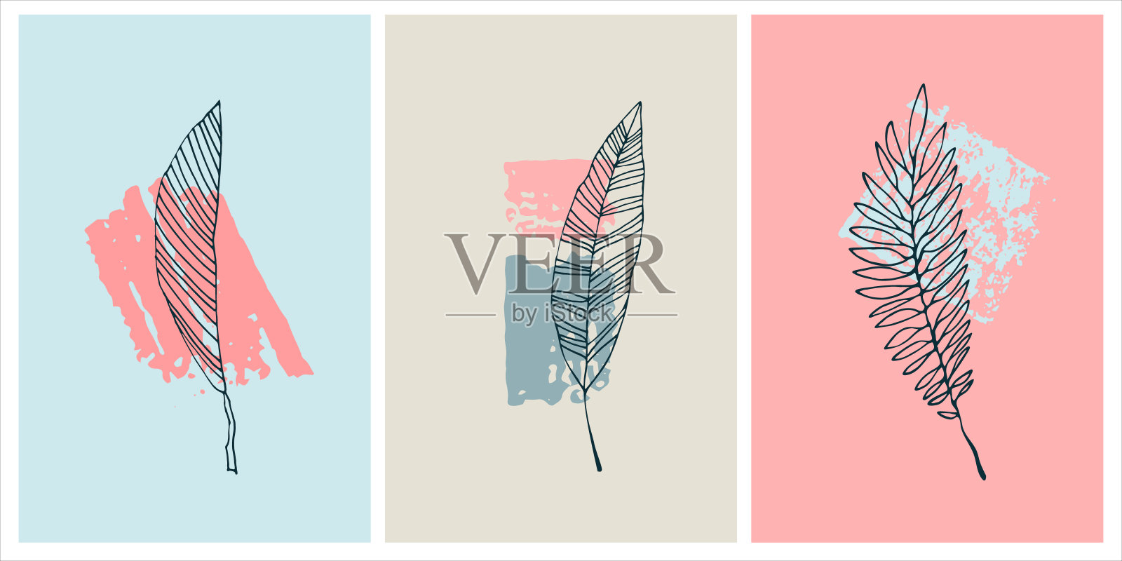 装饰艺术打印。手绘的热带树叶矢量插图在抽象的家庭室内设计背景插画图片素材