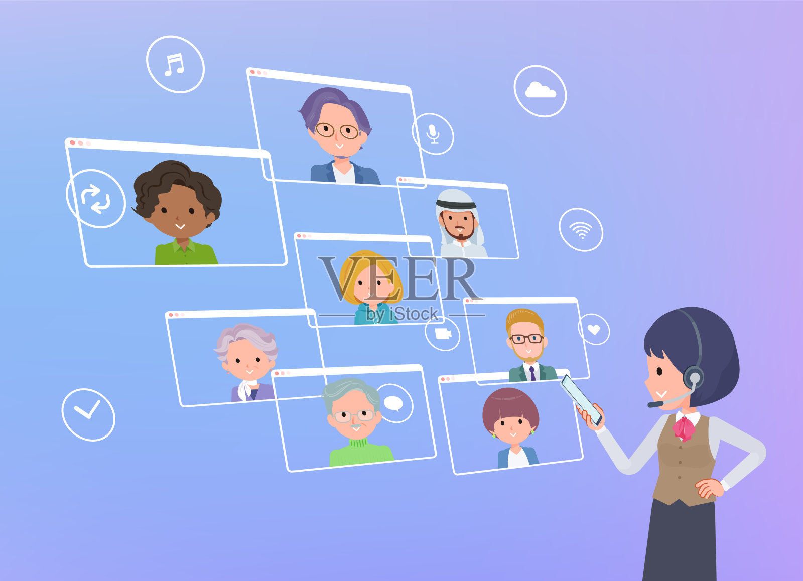 一组有收入的商业女性使用智能手机在线交流插画图片素材