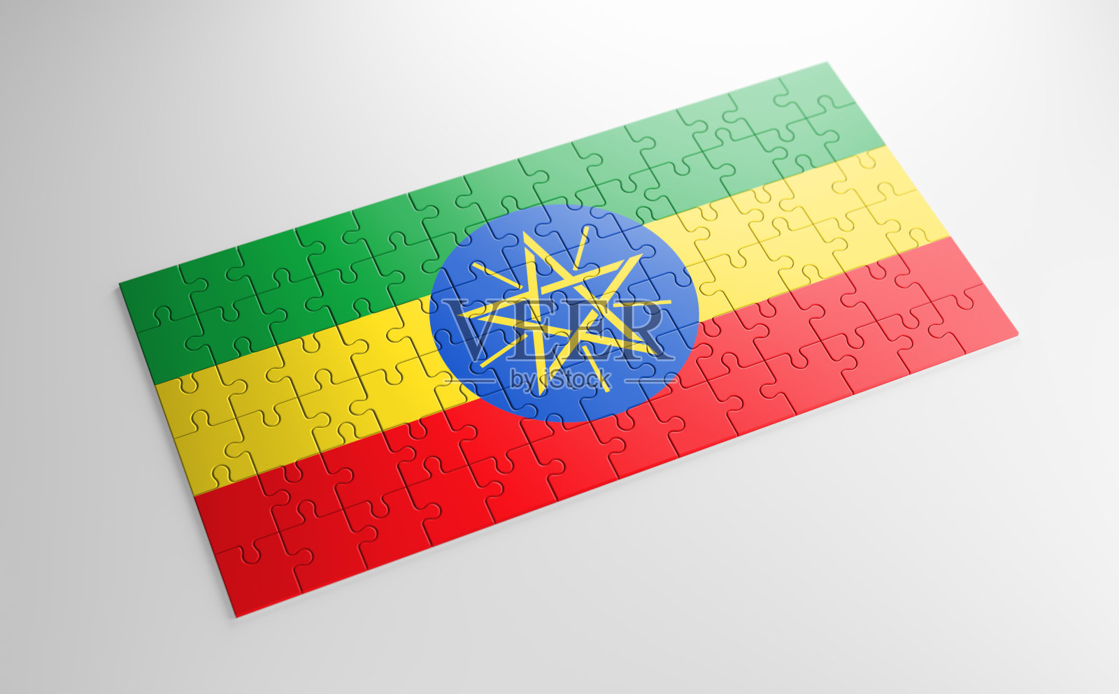 这是一个印有埃塞俄比亚国旗的拼图游戏，拼图的碎片被孤立在白色的背景上。实现和完美的理念。国家完整的象征。3 d演示。照片摄影图片