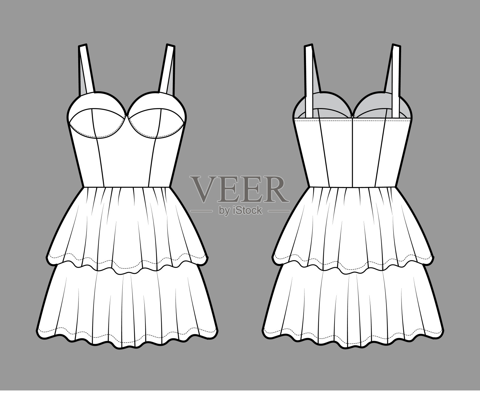 胸衣技术时尚插图与肩带，合身的身体，2排迷你褶边分层裙设计元素图片