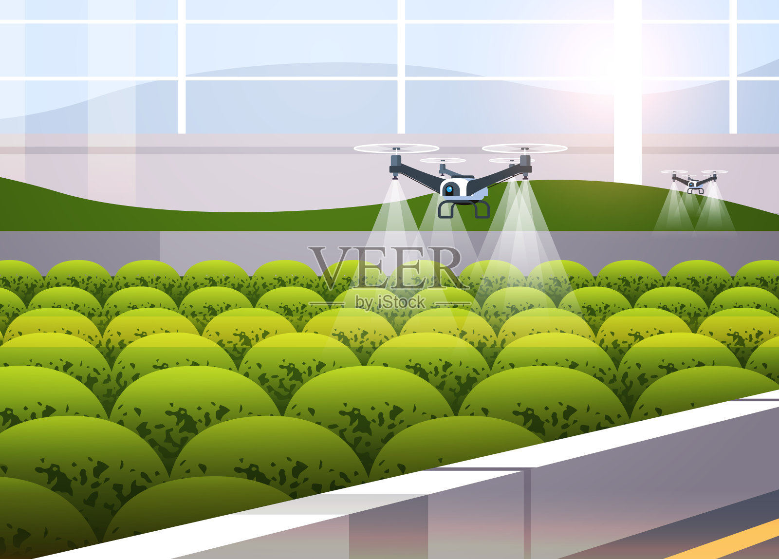 农业无人机喷雾器四架直升机飞行喷洒化肥的温室智能农业创新插画图片素材