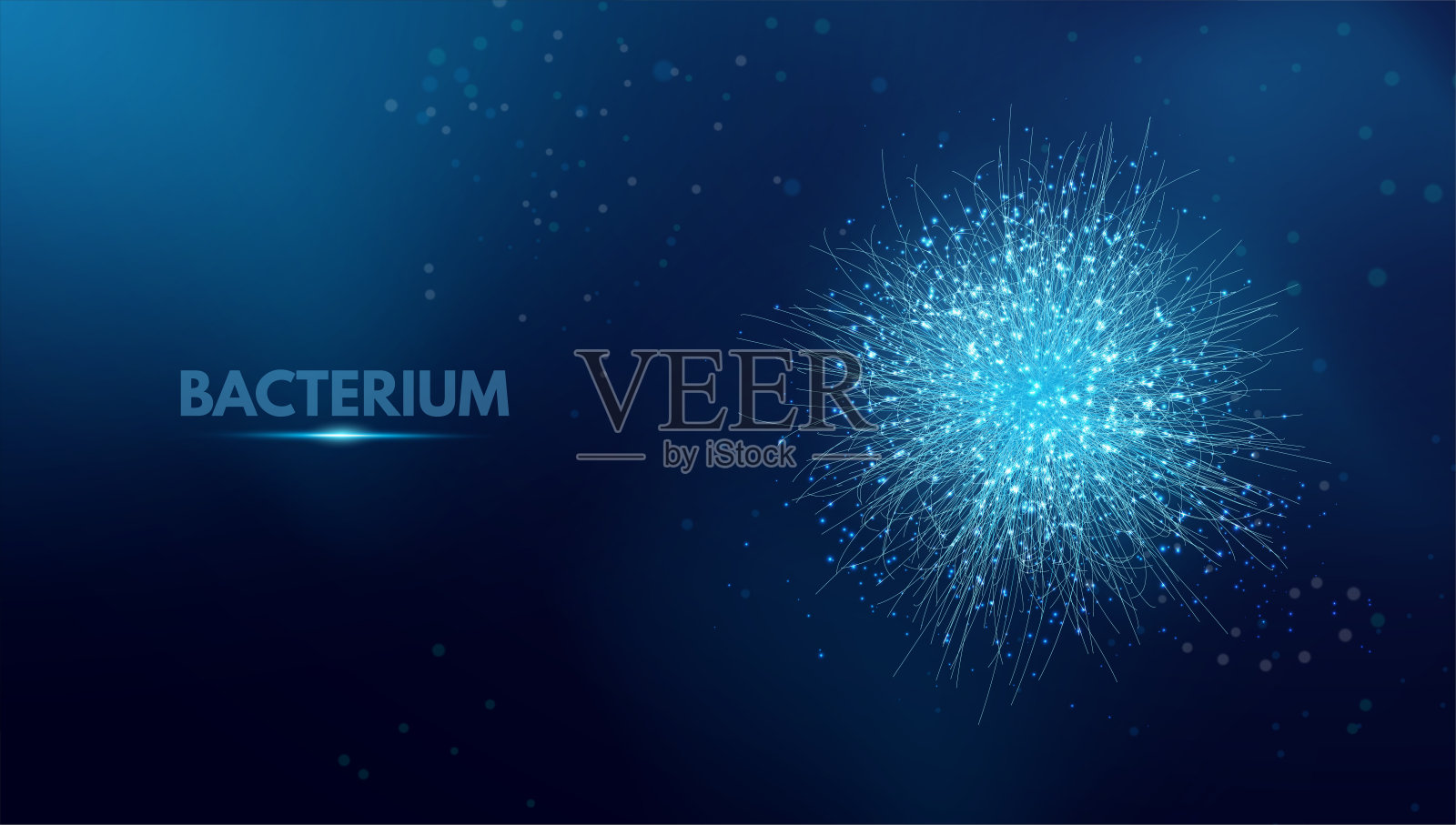 细菌。载体抽象显微医学插图蓝色细菌类型，病毒或孢子关闭在黑暗的背景。
科学、技术、医学的概念。矢量插图。插画图片素材