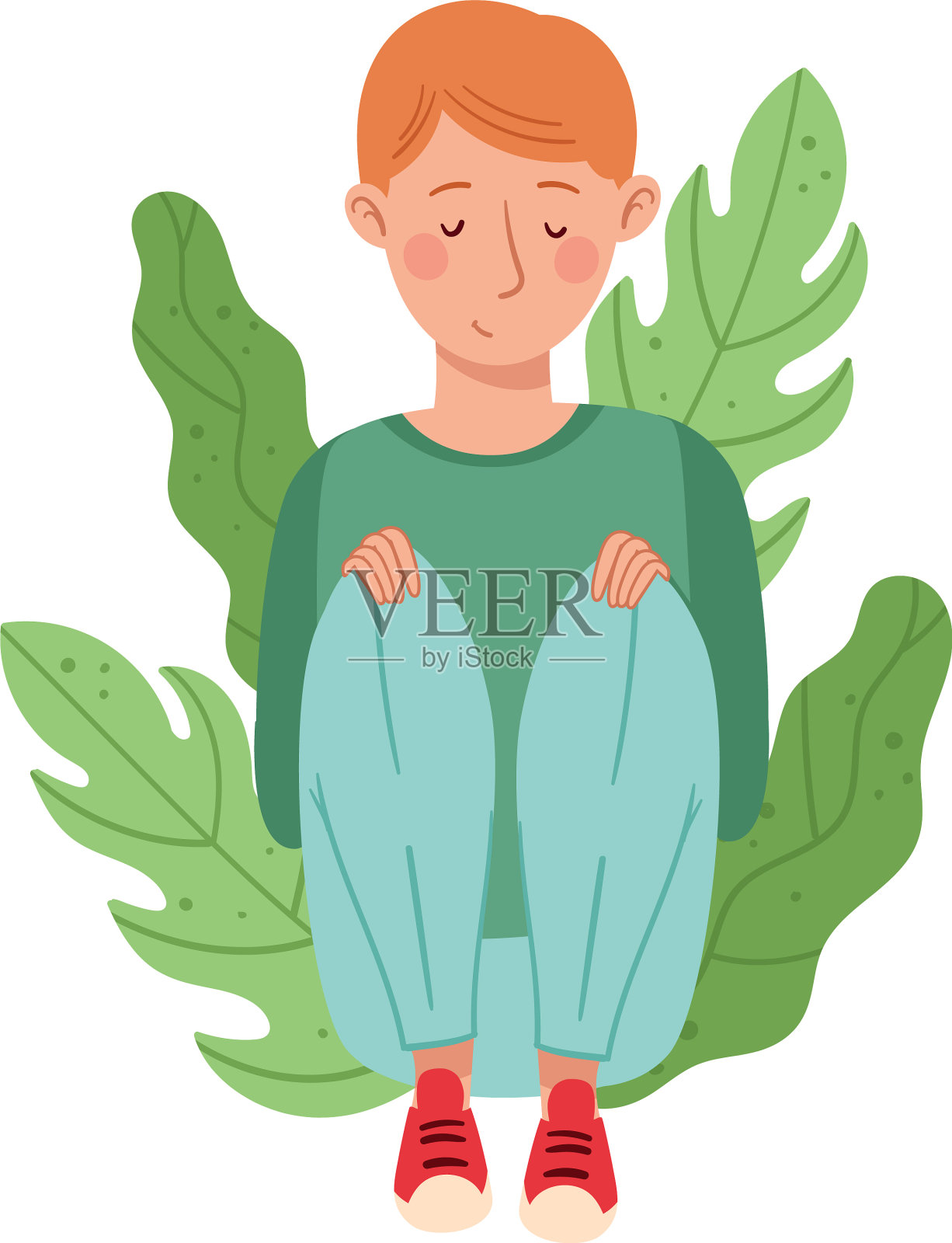 红发男弯腰坐在地上插画图片素材