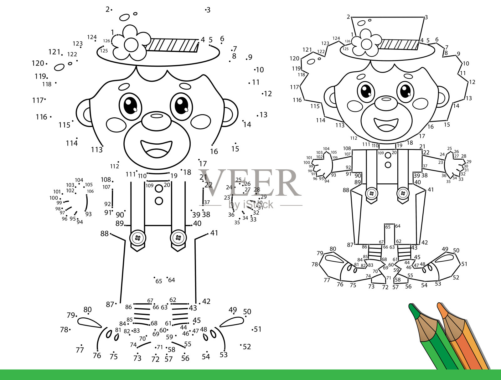 益智游戏儿童:数字游戏。着色页轮廓的卡通马戏团小丑。儿童涂色书。插画图片素材