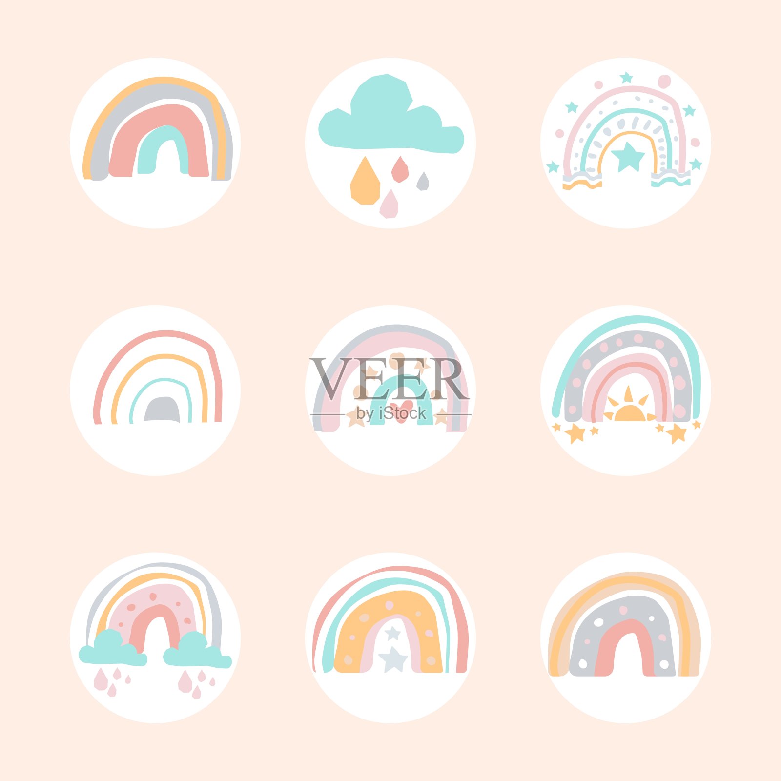 为社交媒体故事设置封面图标。以彩虹为背景的抽象集合。时尚的营销设计插画图片素材