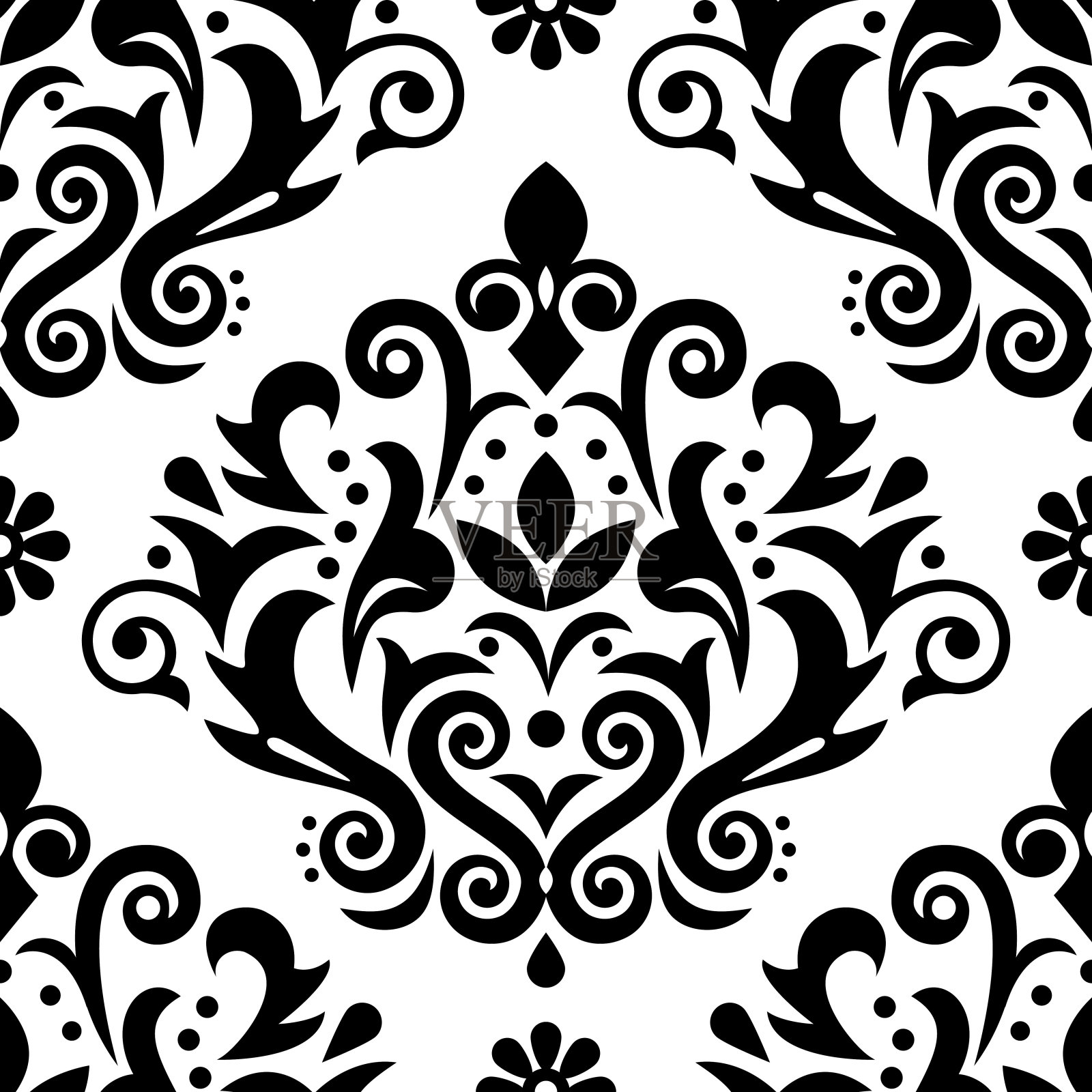 大马士革豪华矢量无缝模式，维多利亚黑白纺织或织物印花设计与鲜花，漩涡和叶子插画图片素材