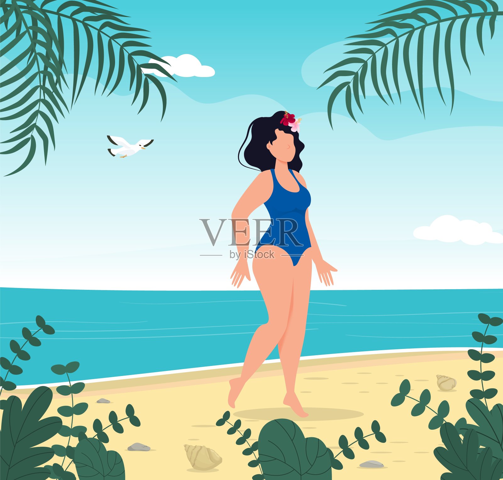 女人在热带海滩上的泳衣暑假。插画图片素材