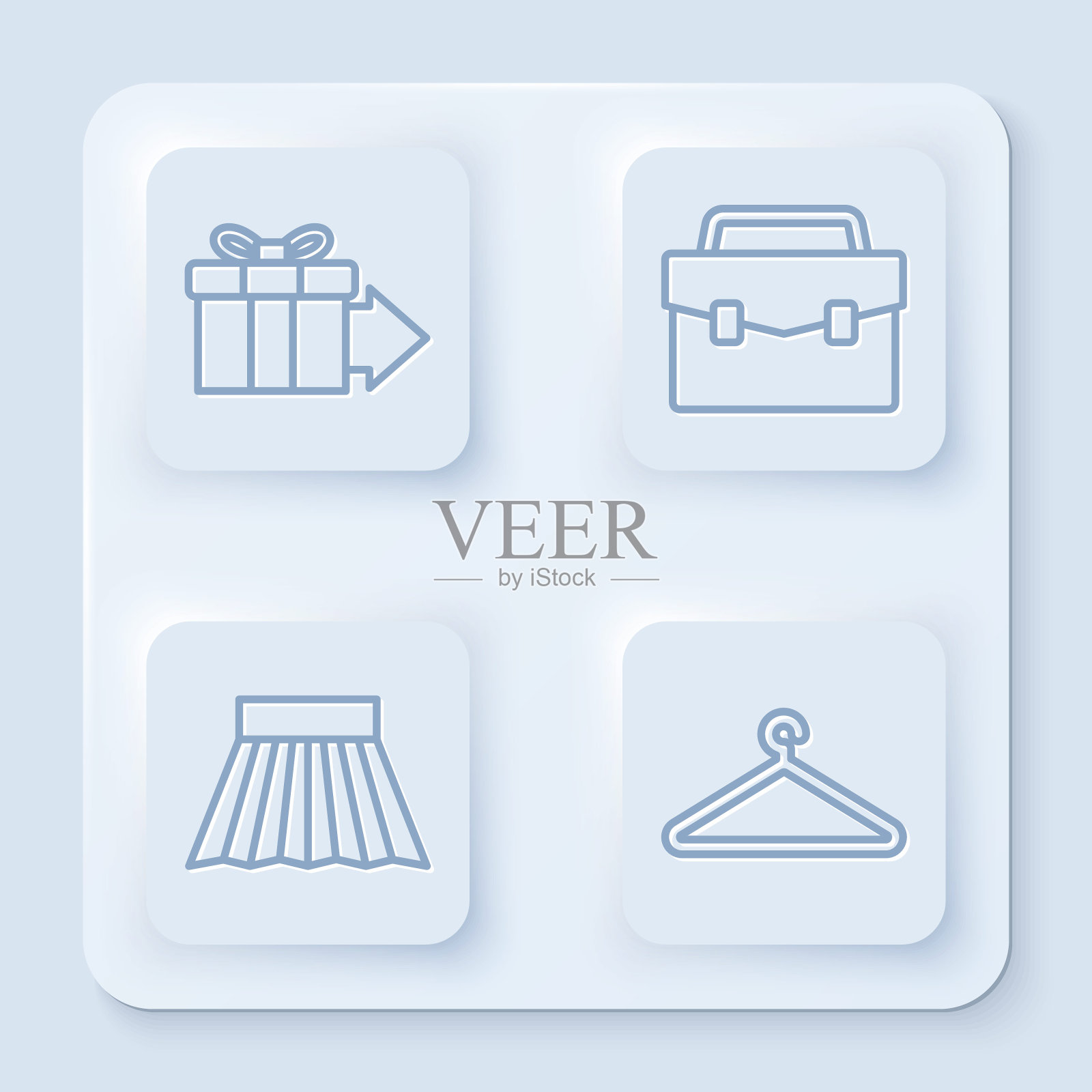 套装线礼品盒，公文包，裙子和衣架衣柜。白色正方形按钮。向量插画图片素材