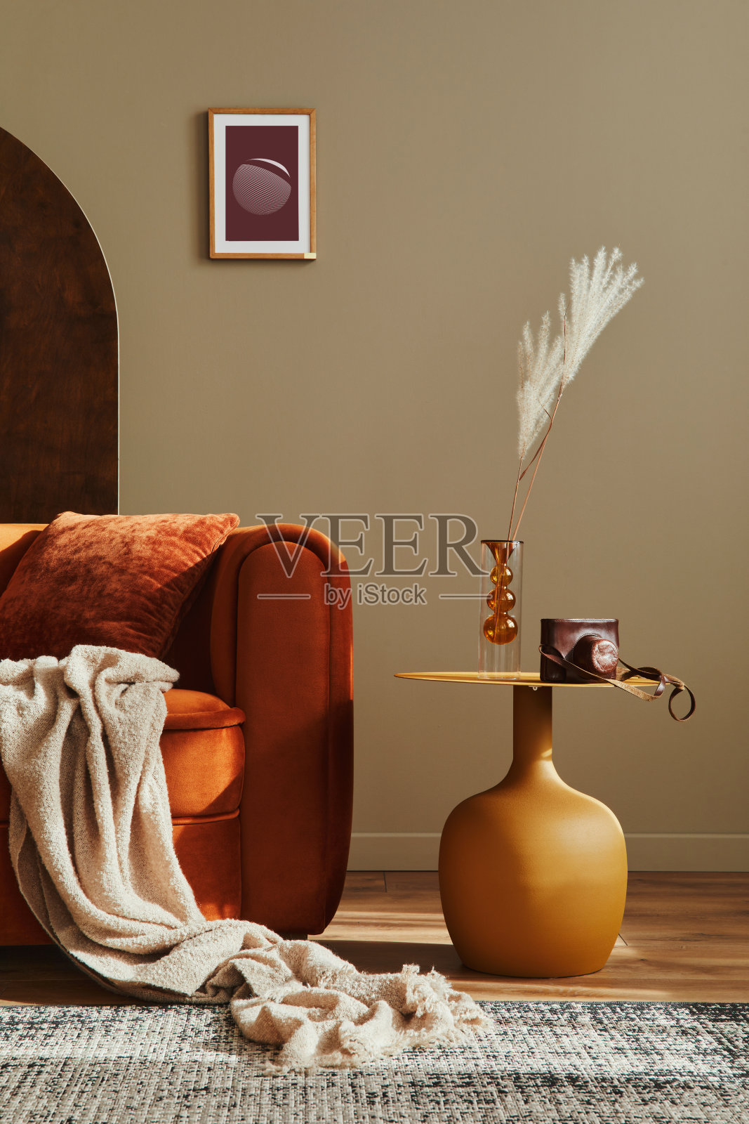 现代概念的家庭室内设计沙发，木制的房间屏风，枕头，毯子，画框，边花式凳子和个人配件在时尚的家居装饰。模板。照片摄影图片