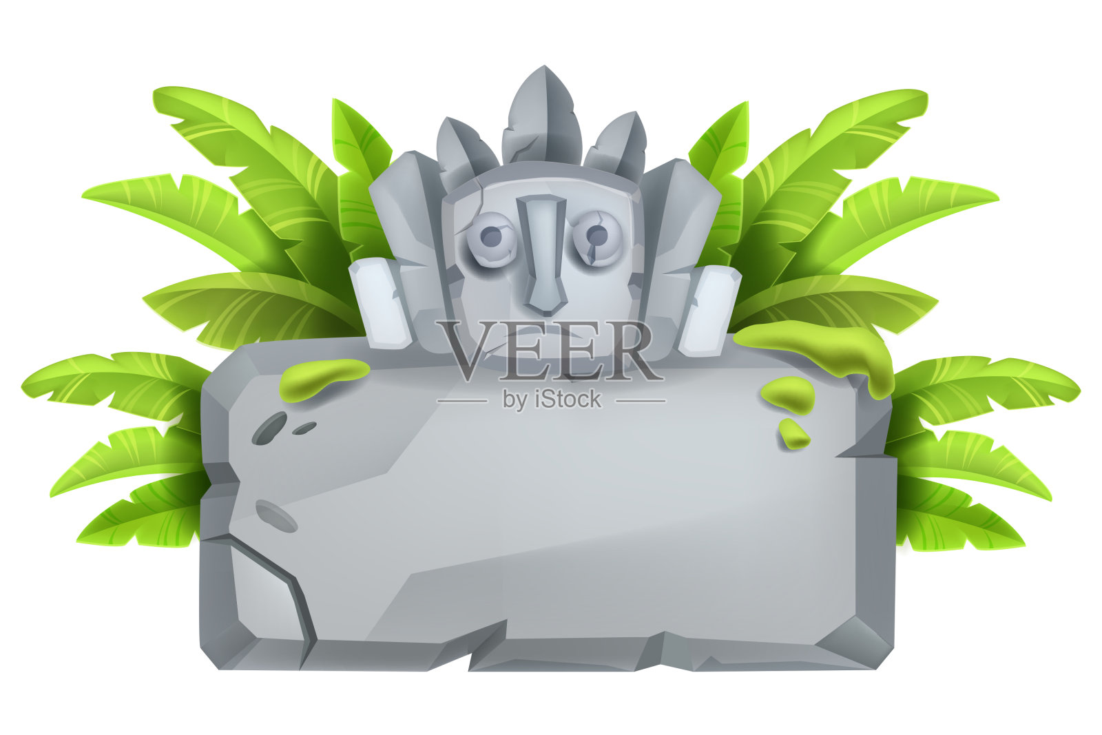 石头招牌，矢量游戏卡通石，石碑，丛林巨石架，芭蕉叶，玛雅图腾。插画图片素材