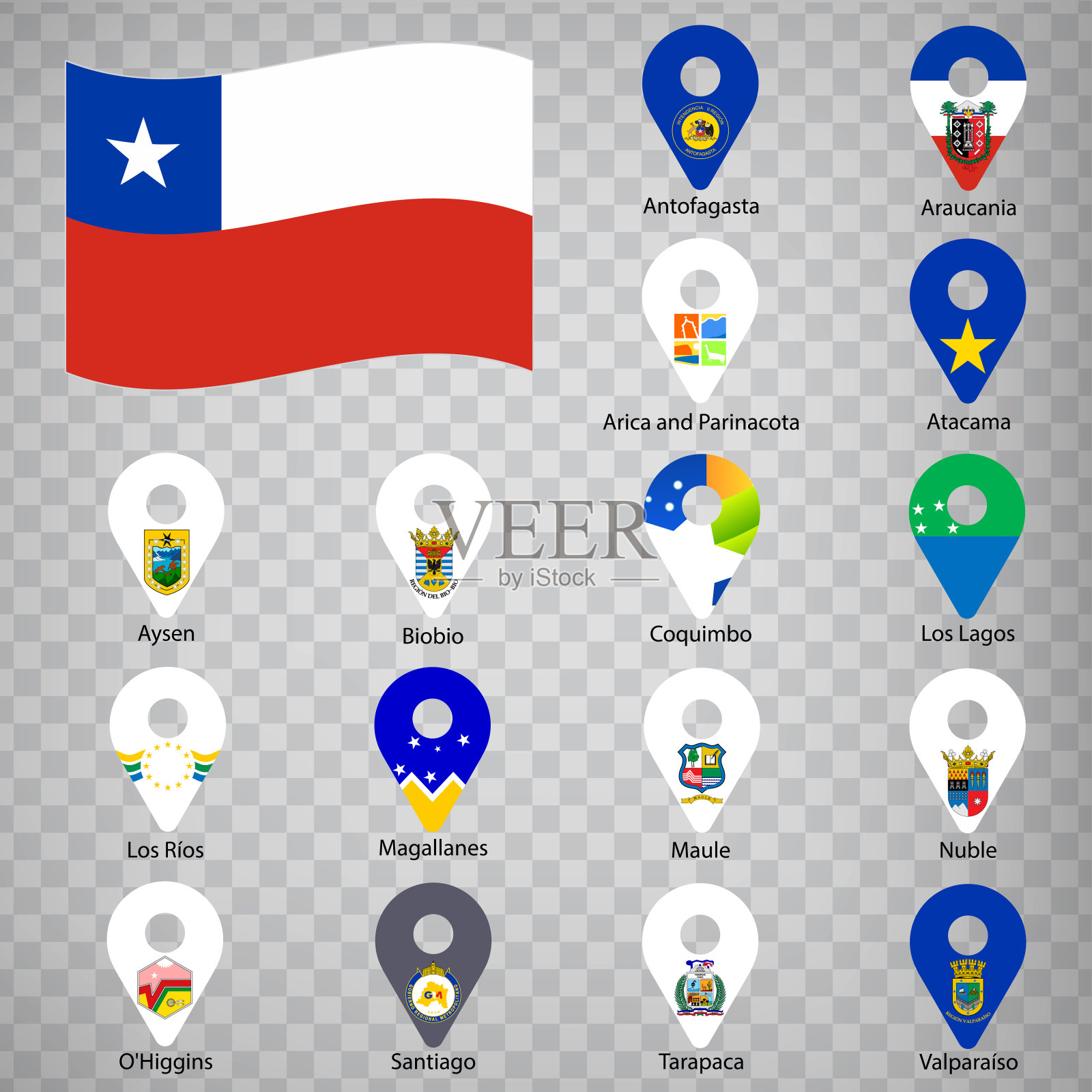 16面智利国旗-按字母顺序排列。2d地理定位标志，如旗帜智利地区。16个2d地理位置标识供您设计。EPS10插画图片素材