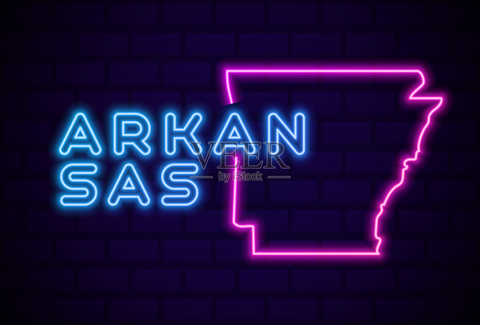 美国阿肯色州发光霓虹灯标志逼真的矢量插图蓝色砖墙发光插画图片素材