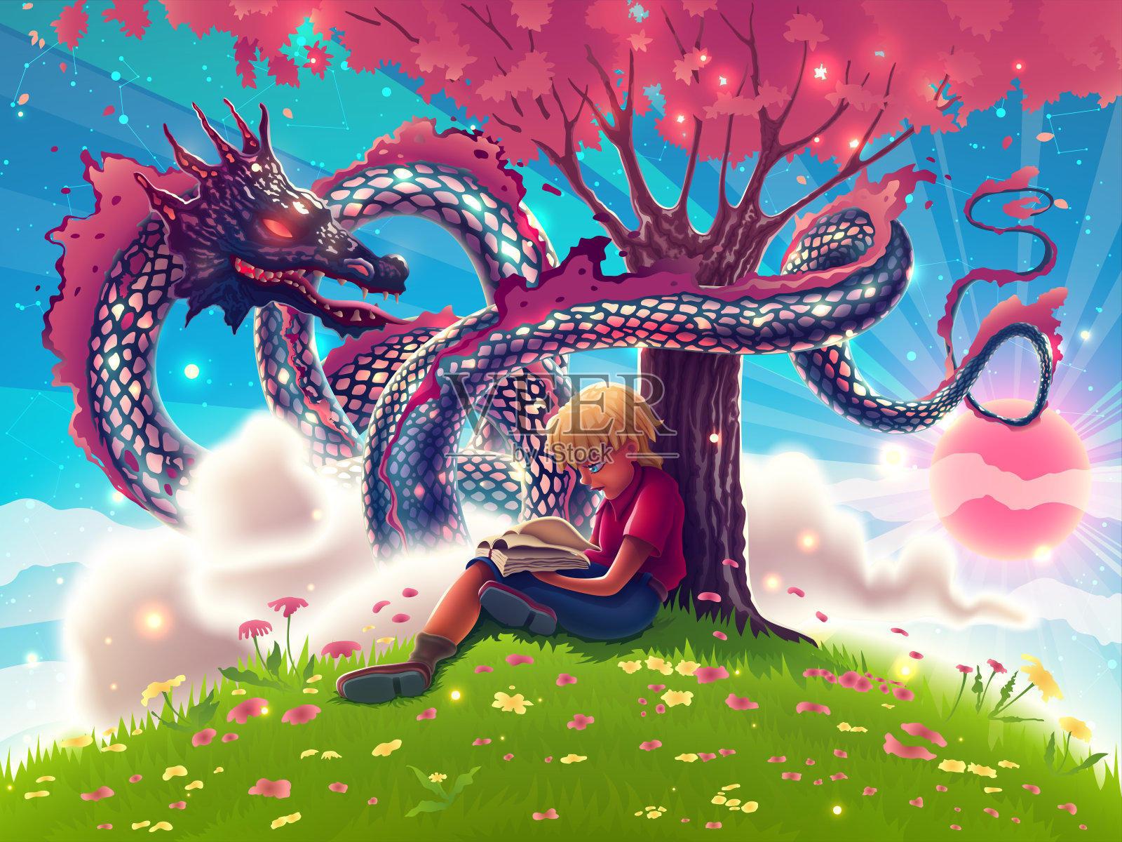幻想日本龙和小男孩在树下读有趣的书。中国或亚洲飞蛇在魔法花园和梦想的孩子。高详细的彩色夏季矢量插图。插画图片素材