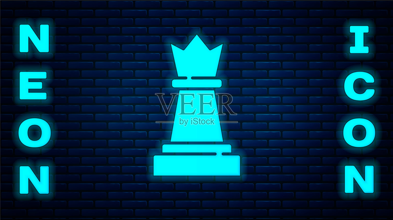 霓虹灯象棋图标孤立在砖墙上插画图片素材