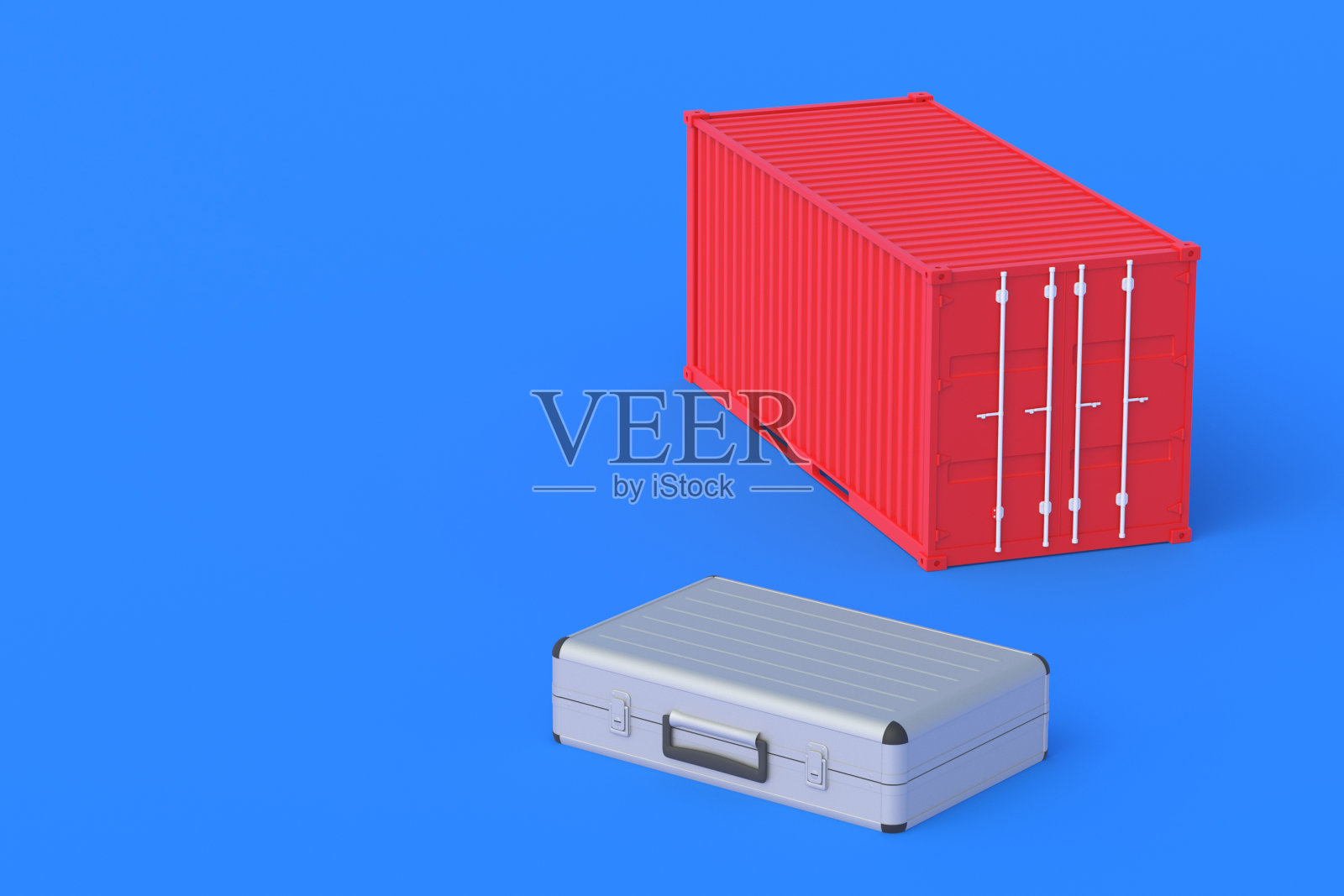 手提箱靠近标准化容器。投资一家货运公司。国际运输。禁运，禁止购买货物。通关。副本的空间。三维渲染照片摄影图片