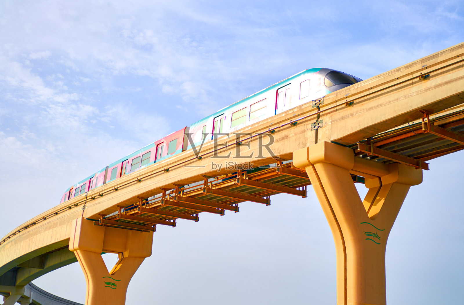 火车在蓝天的映衬下驶过大桥照片摄影图片