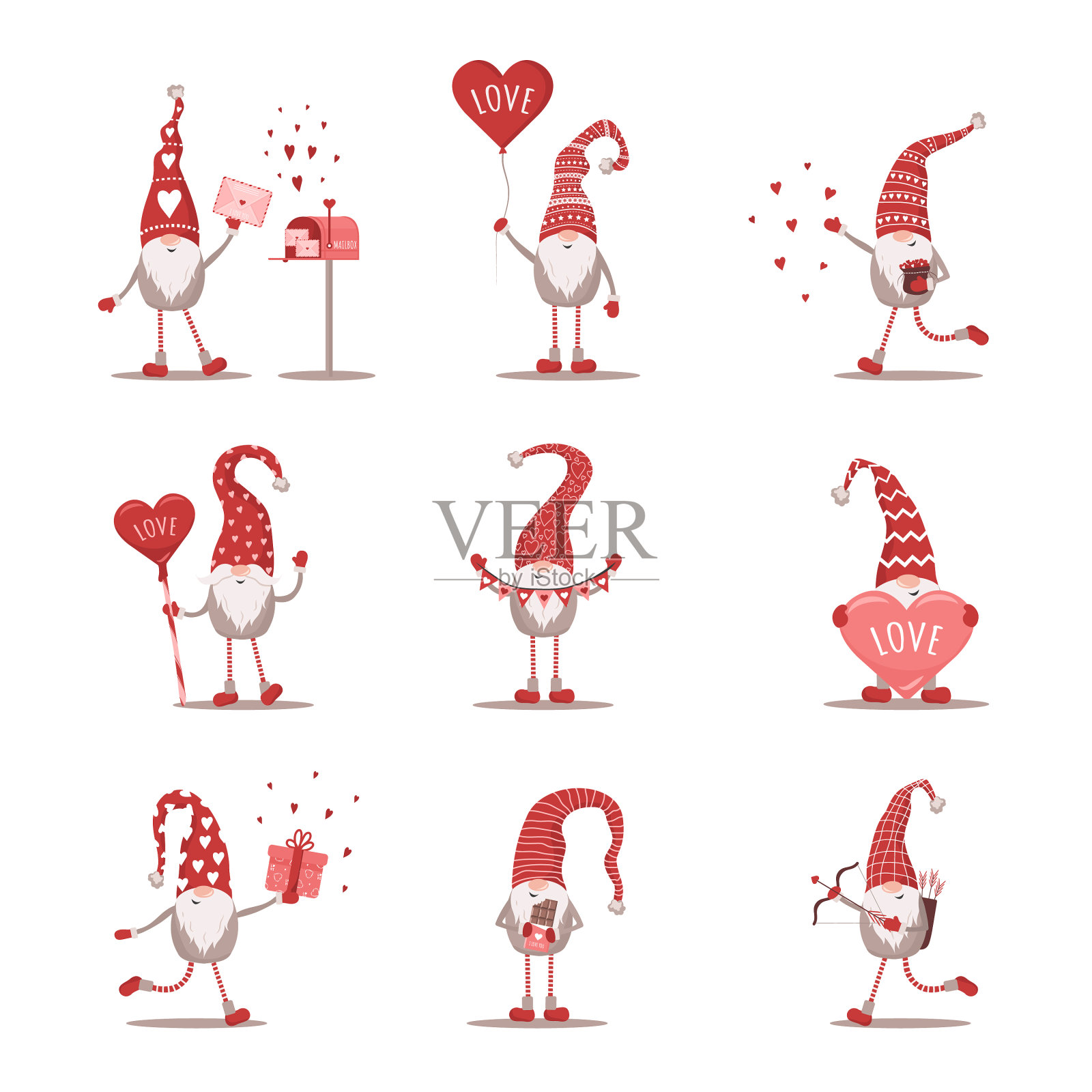 情人节侏儒在红帽子可爱的斯堪的纳维亚插画图片素材