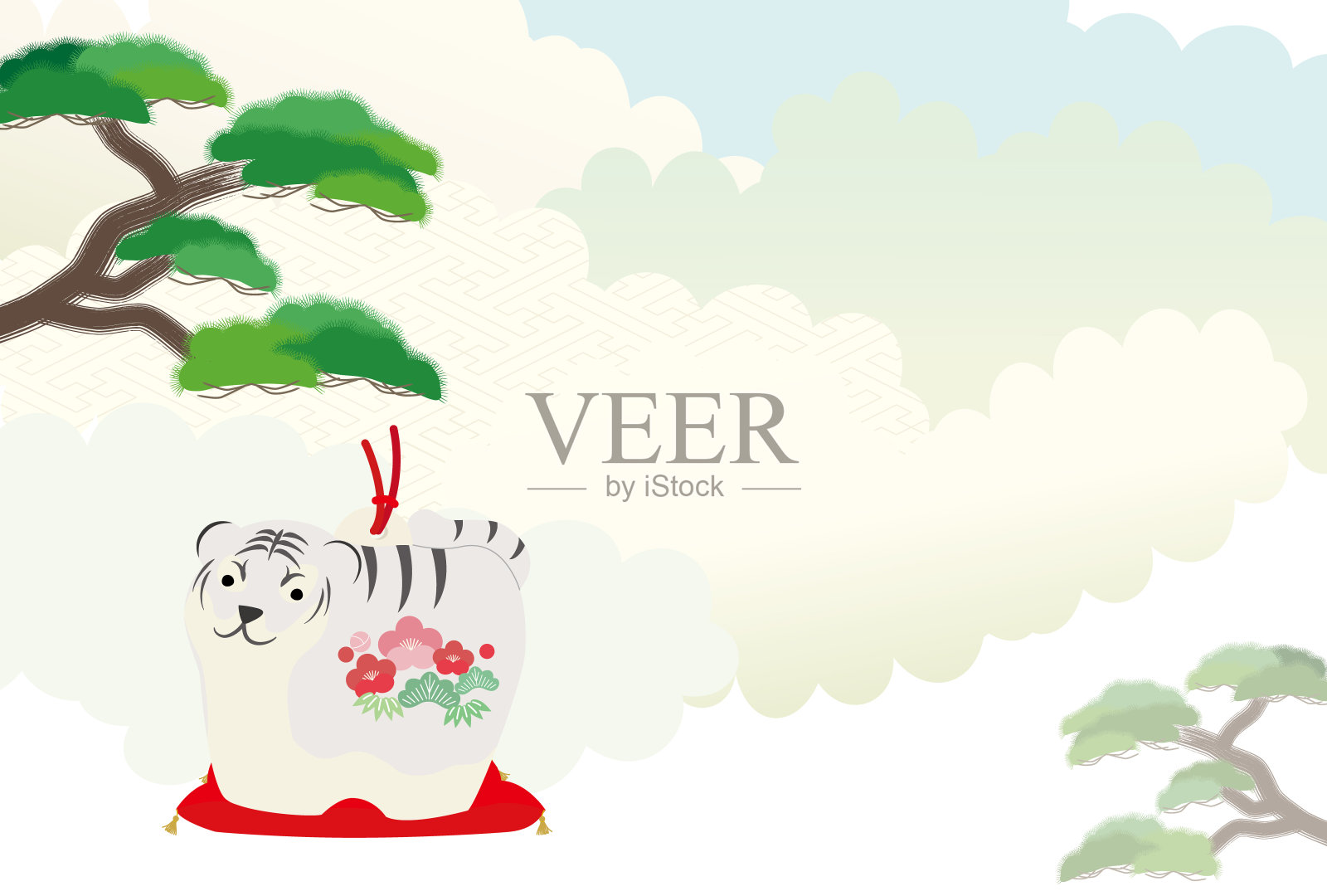 新年贺卡以老虎为背景，以松树和云彩为背景。插画图片素材