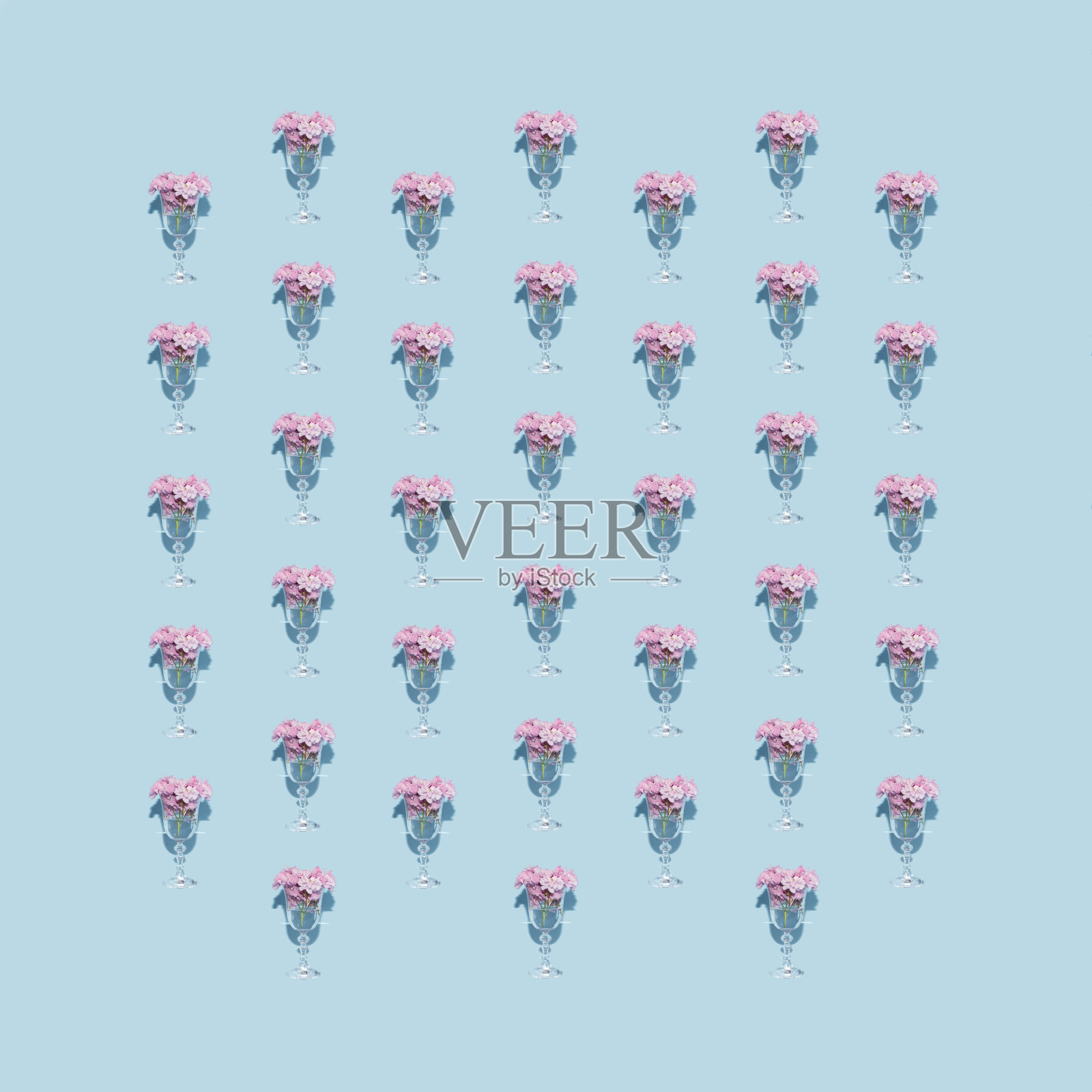 极简复古的概念与粉红色盛开的花在玻璃上的粉蓝色背景。现代夏天的想法，色彩缤纷的花卉图案安排有一个阴影。照片摄影图片