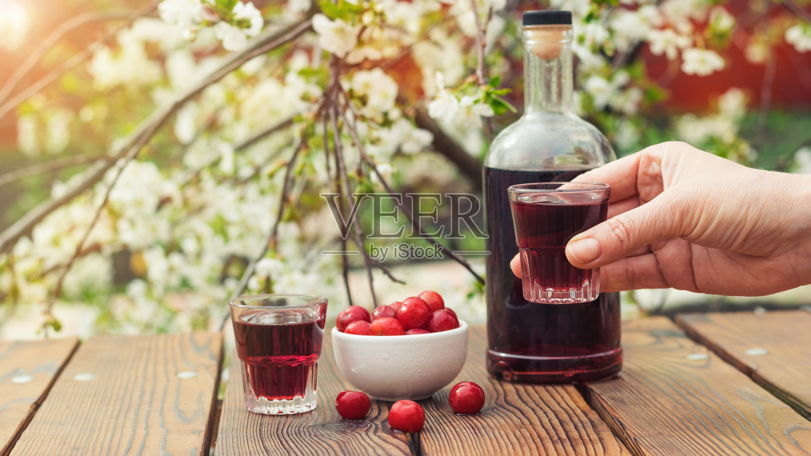一个女人拿着一杯樱桃酒，背景是一个盛开的花园。照片摄影图片