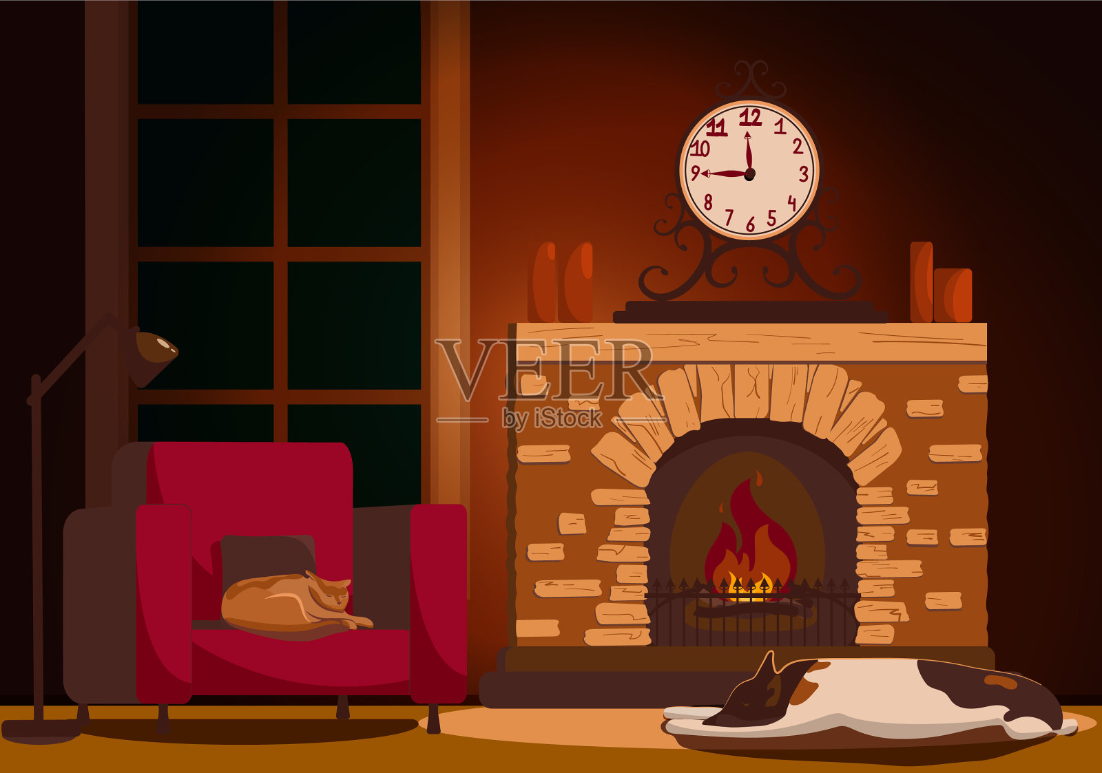 家庭内部有壁炉和扶手椅插画图片素材