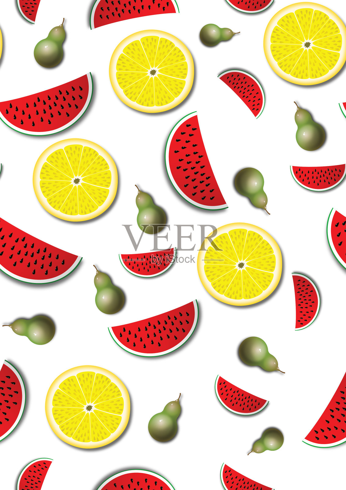 无缝新鲜模式与水果、西瓜、柠檬和梨在白色的背景。非常适合包装纸、窗帘、桌布、床单等照片摄影图片