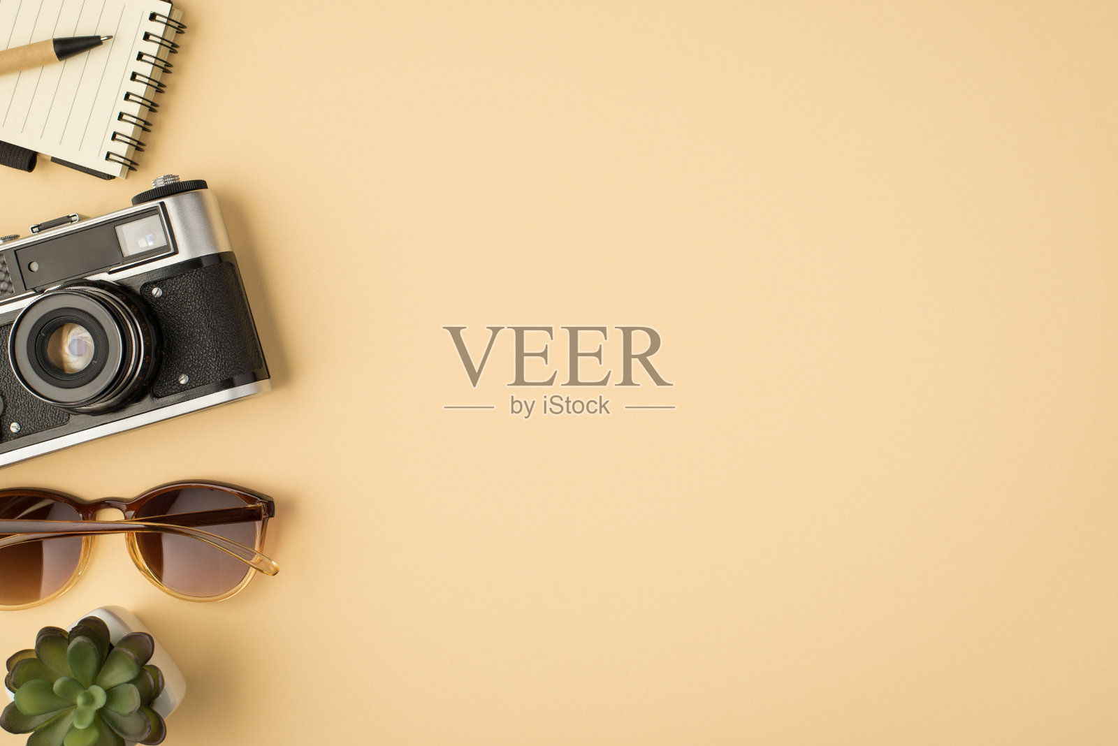 俯视图照片的copybook相机太阳镜和花盆孤立的米色背景与copyspace照片摄影图片